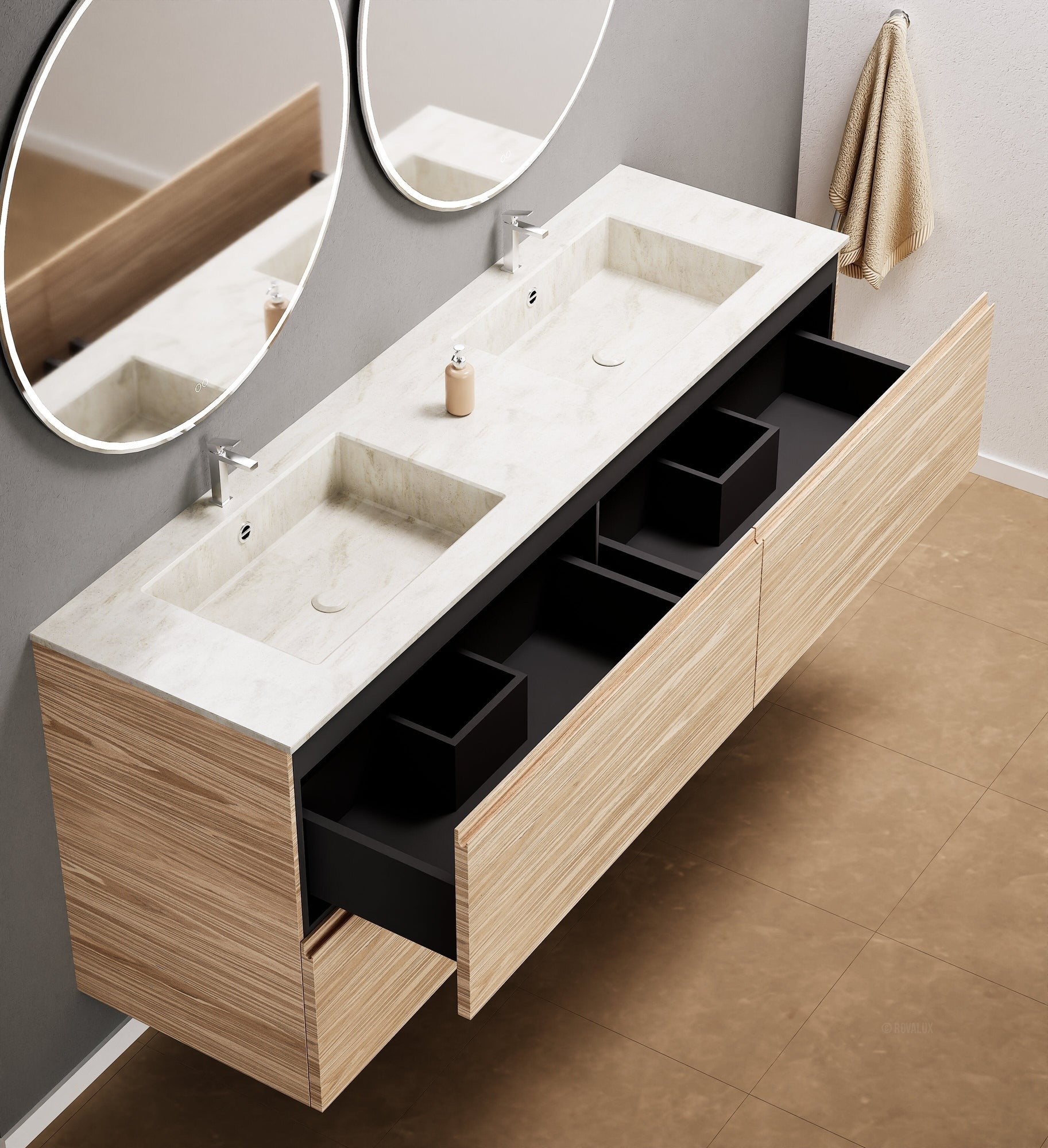 Aurora Double Set Classic – Corian Double Sinks & Countertop with 4 Drawers Vanity - ROVALUX