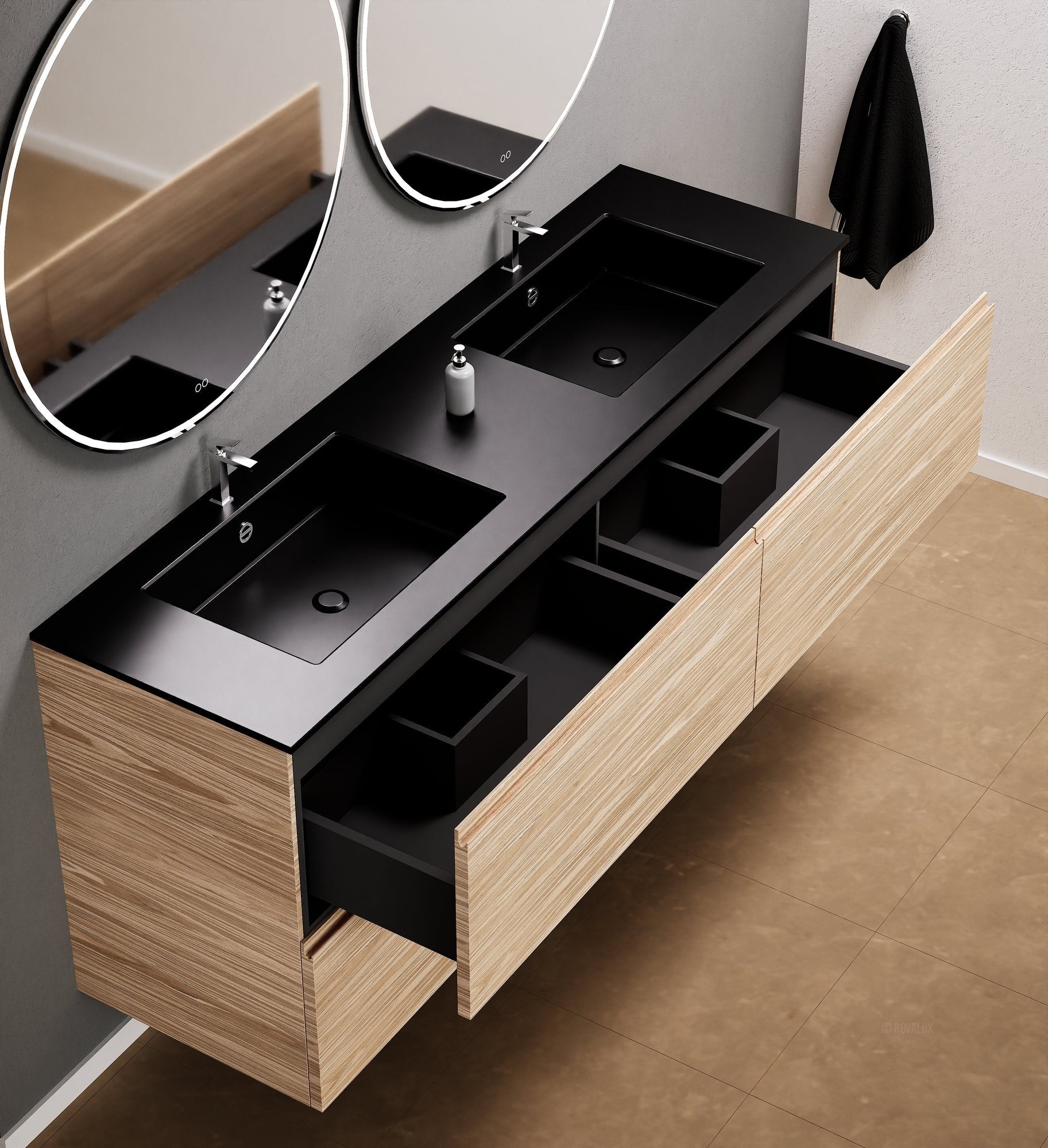 Aurora Double Set Classic – Corian Double Sinks & Countertop with 4 Drawers Vanity - ROVALUX