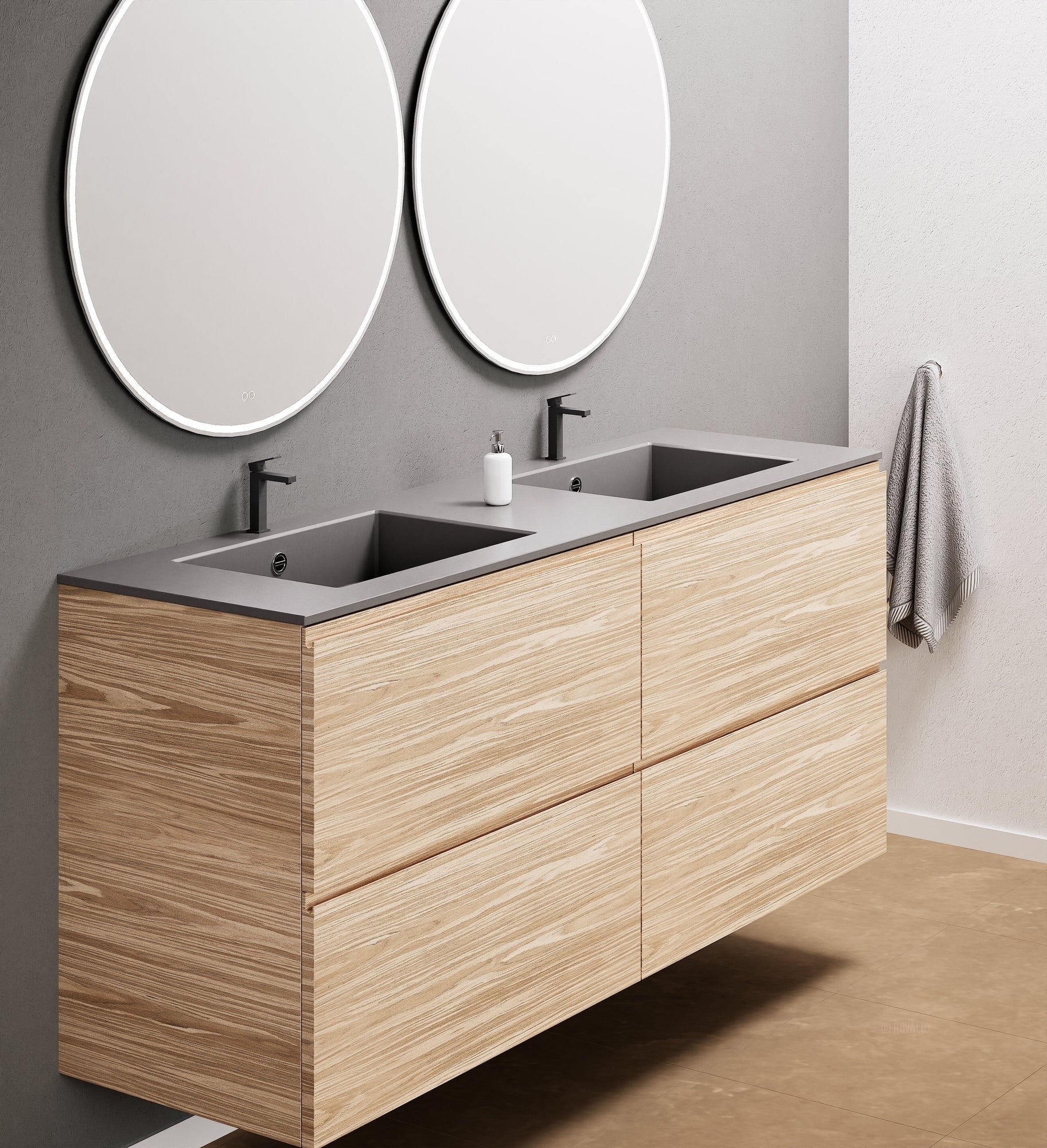 Aurora Double Set Classic – Corian Double Sinks & Countertop with 4 Drawers Vanity - ROVALUX