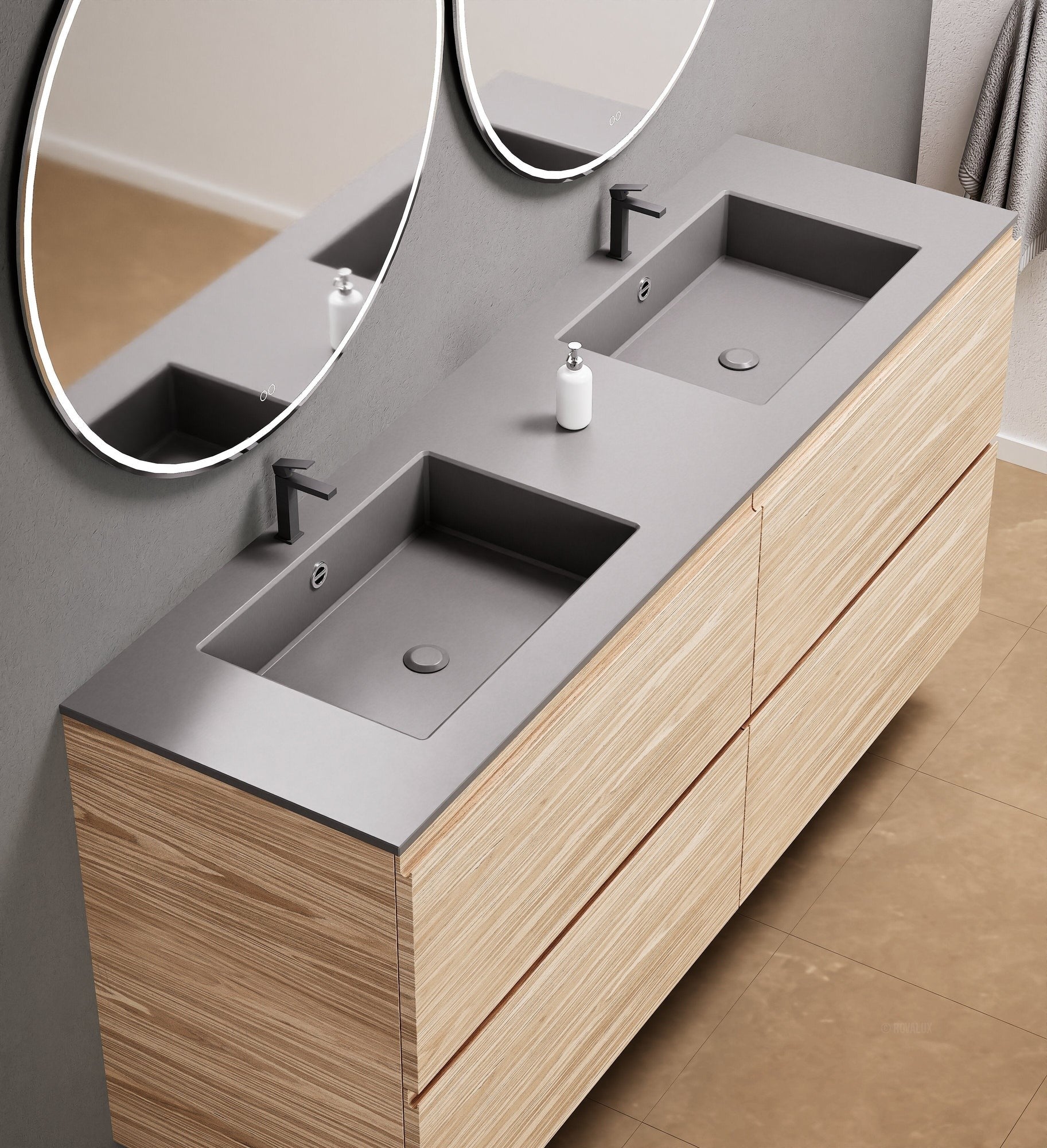 Aurora Double Set Classic – Corian Double Sinks & Countertop with 4 Drawers Vanity - ROVALUX