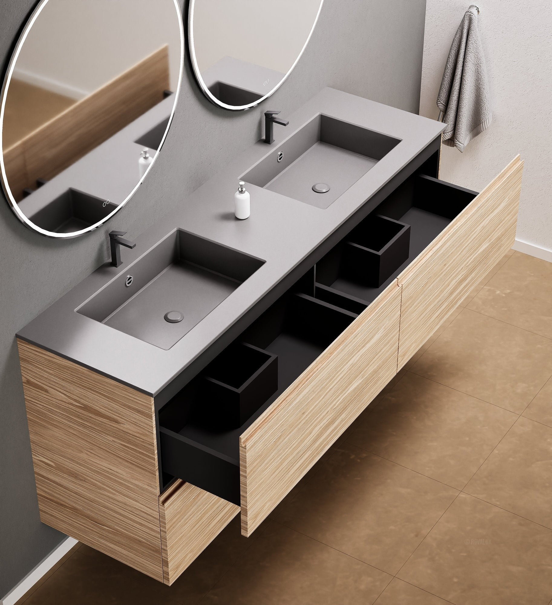 Aurora Double Set Classic – Corian Double Sinks & Countertop with 4 Drawers Vanity - ROVALUX