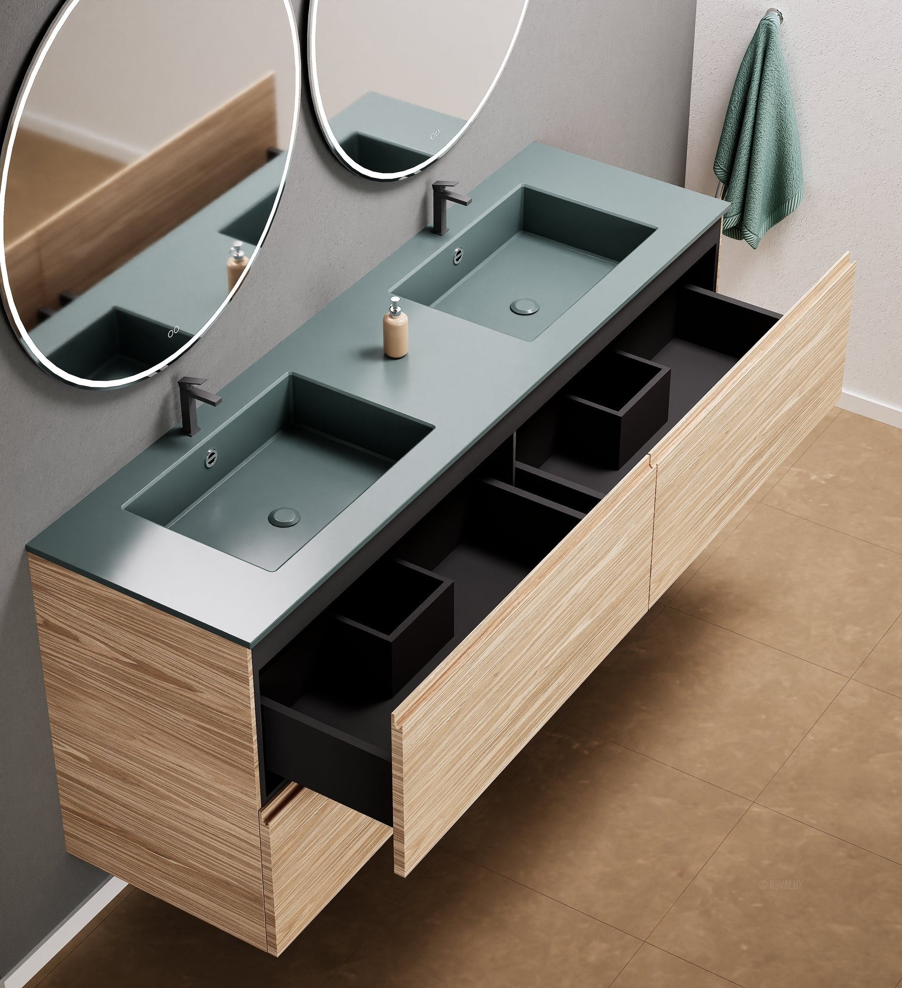 Aurora Double Set Classic – Corian Double Sinks & Countertop with 4 Drawers Vanity - ROVALUX