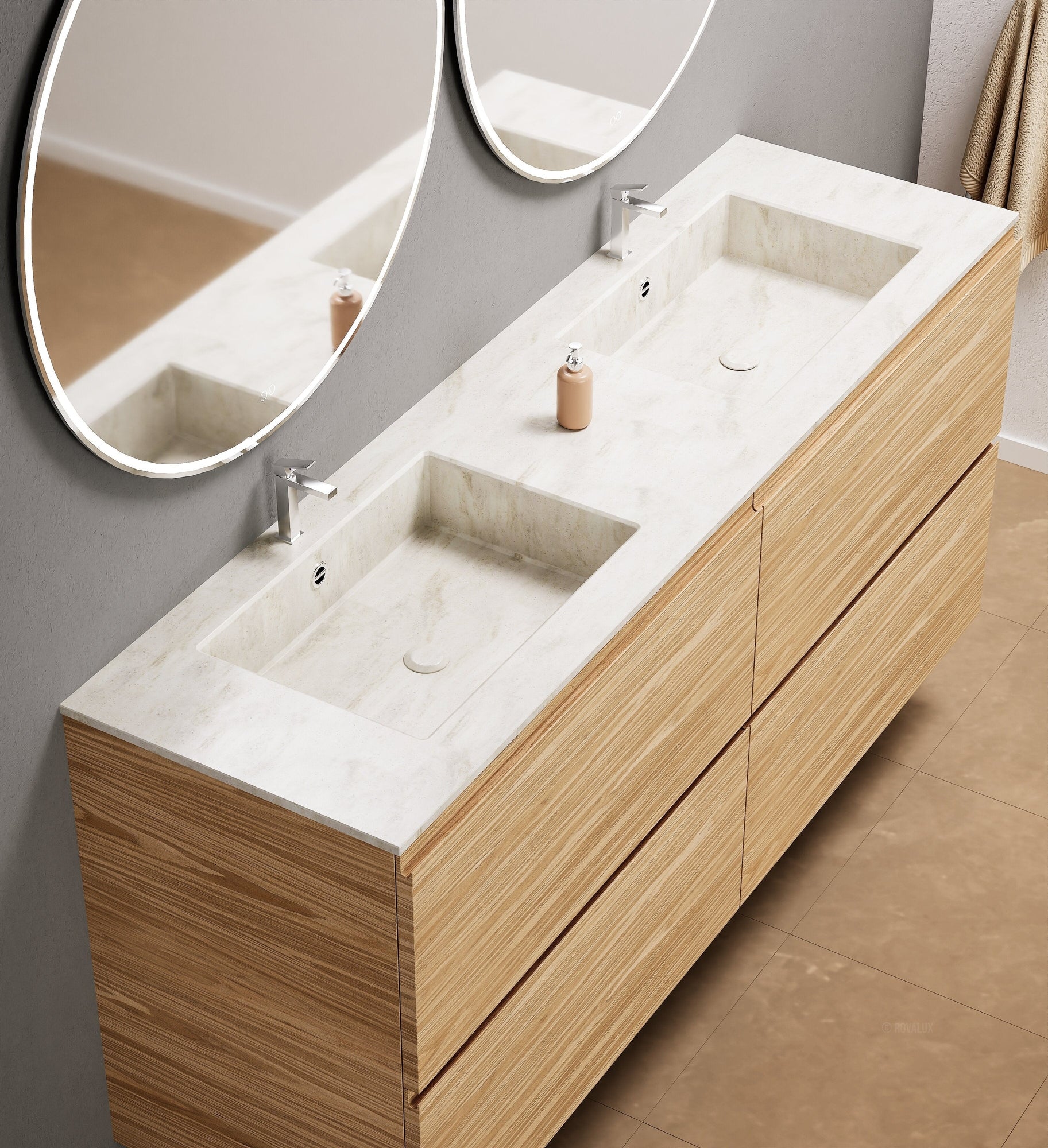 Aurora Double Set Classic – Corian Double Sinks & Countertop with 4 Drawers Vanity - ROVALUX
