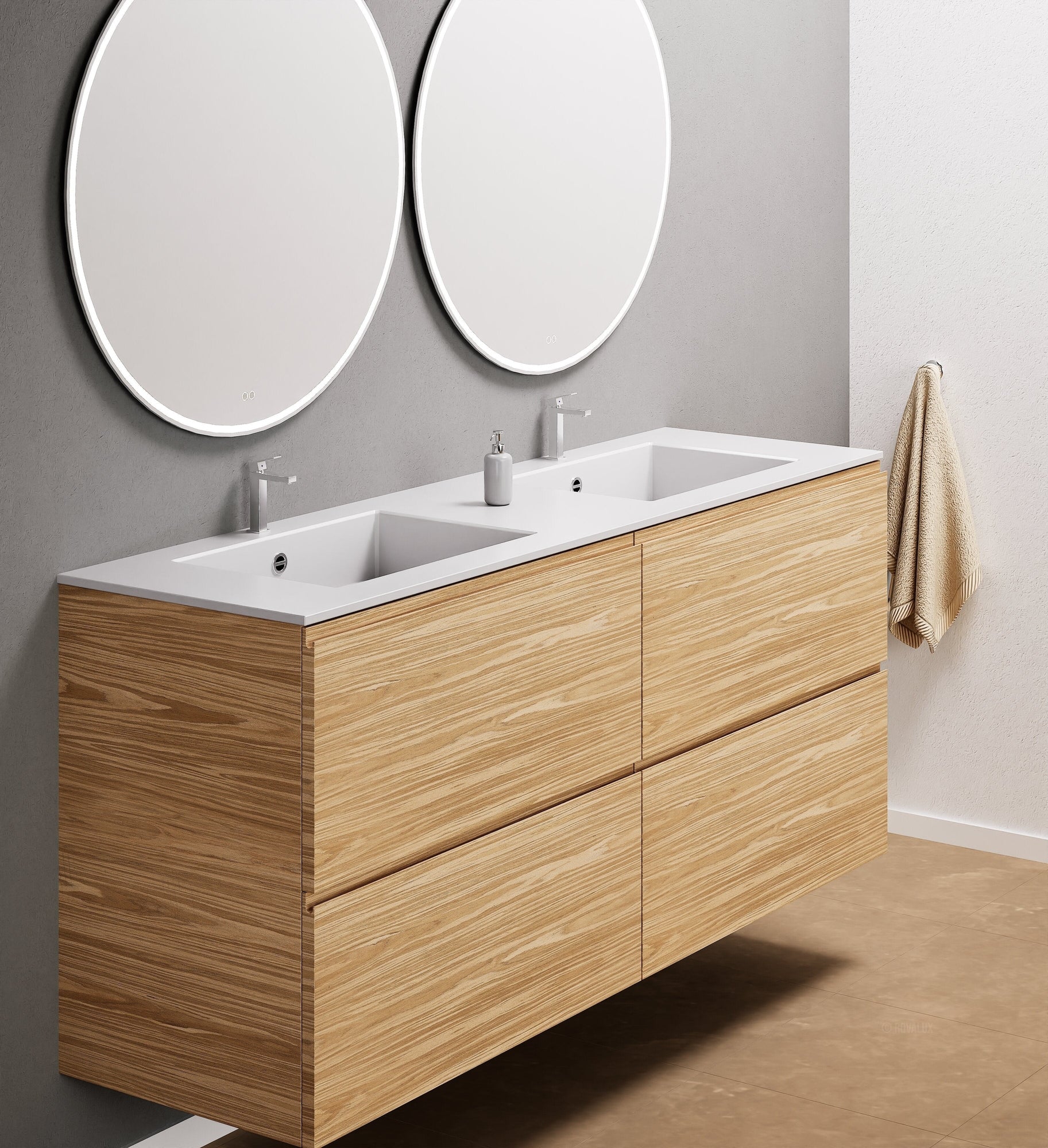 Aurora Double Set Classic – Corian Double Sinks & Countertop with 4 Drawers Vanity - ROVALUX