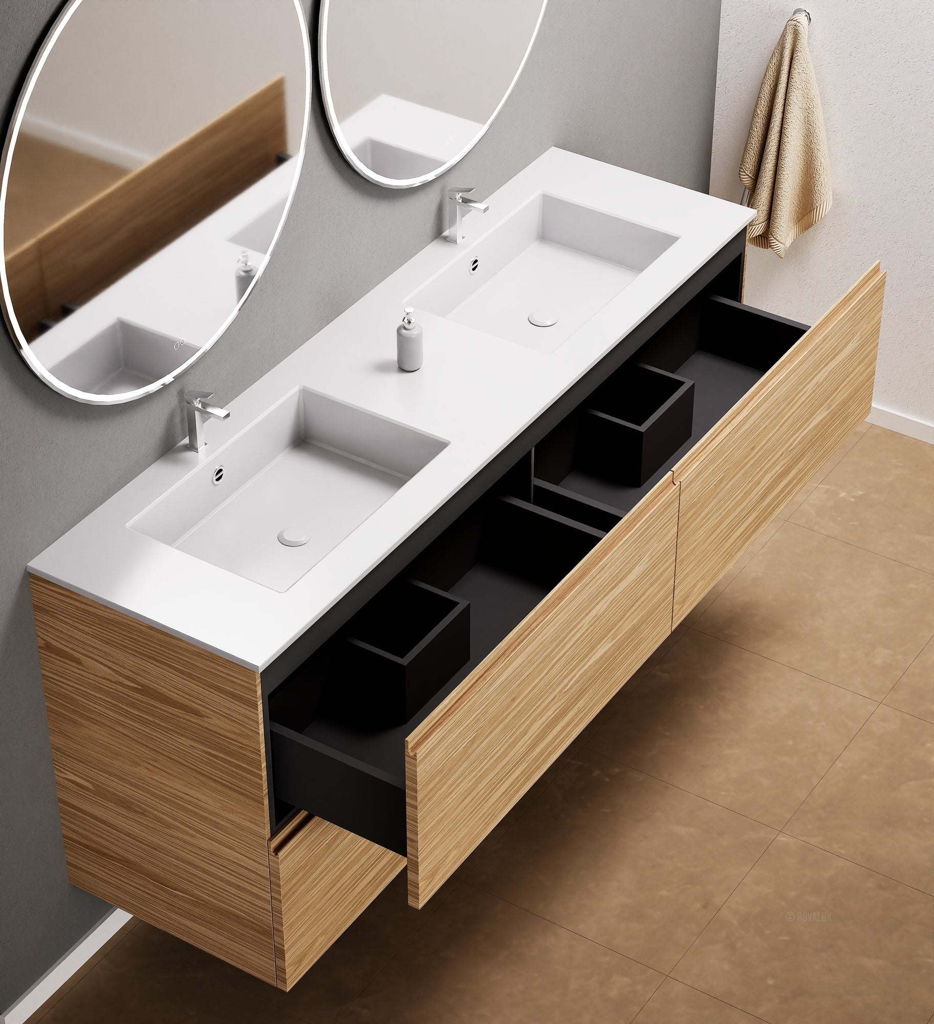 Aurora Double Set Classic – Corian Double Sinks & Countertop with 4 Drawers Vanity - ROVALUX