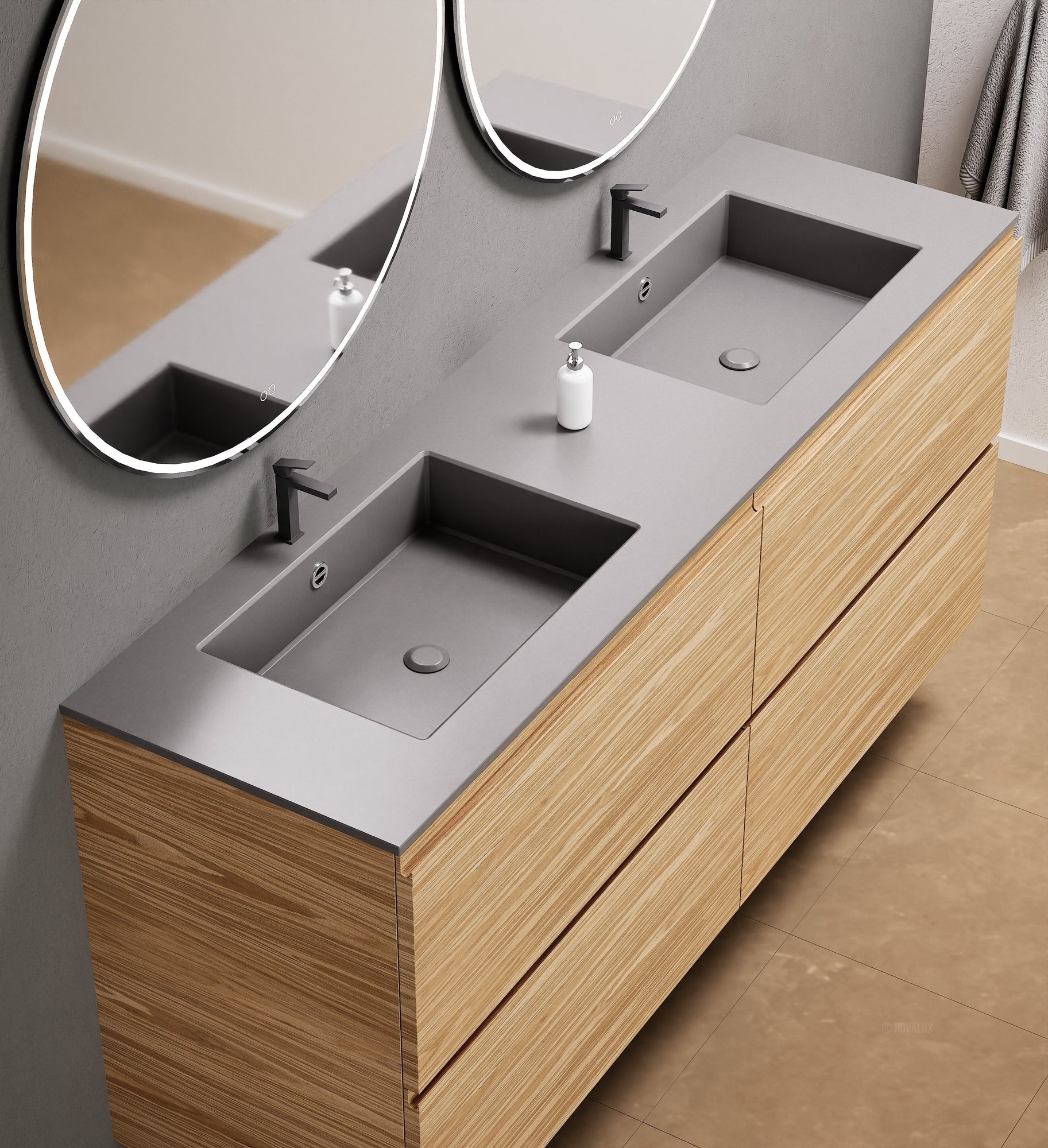 Aurora Double Set Classic – Corian Double Sinks & Countertop with 4 Drawers Vanity - ROVALUX