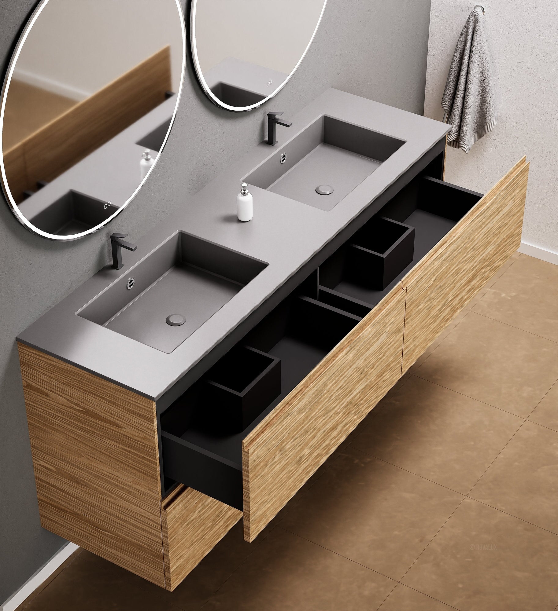 Aurora Double Set Classic – Corian Double Sinks & Countertop with 4 Drawers Vanity - ROVALUX