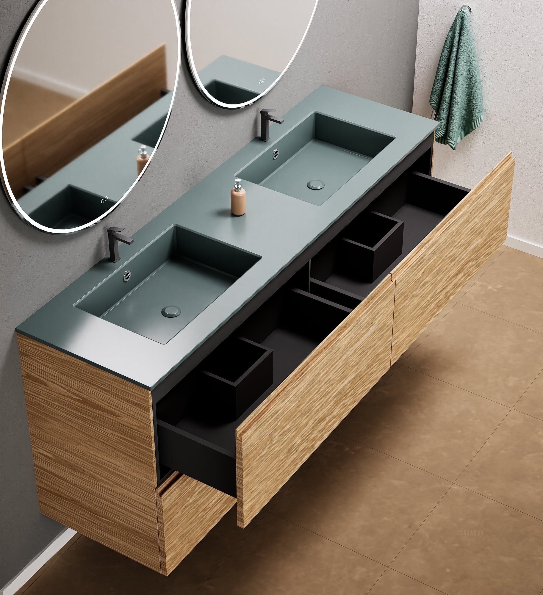 Aurora Double Set Classic – Corian Double Sinks & Countertop with 4 Drawers Vanity - ROVALUX