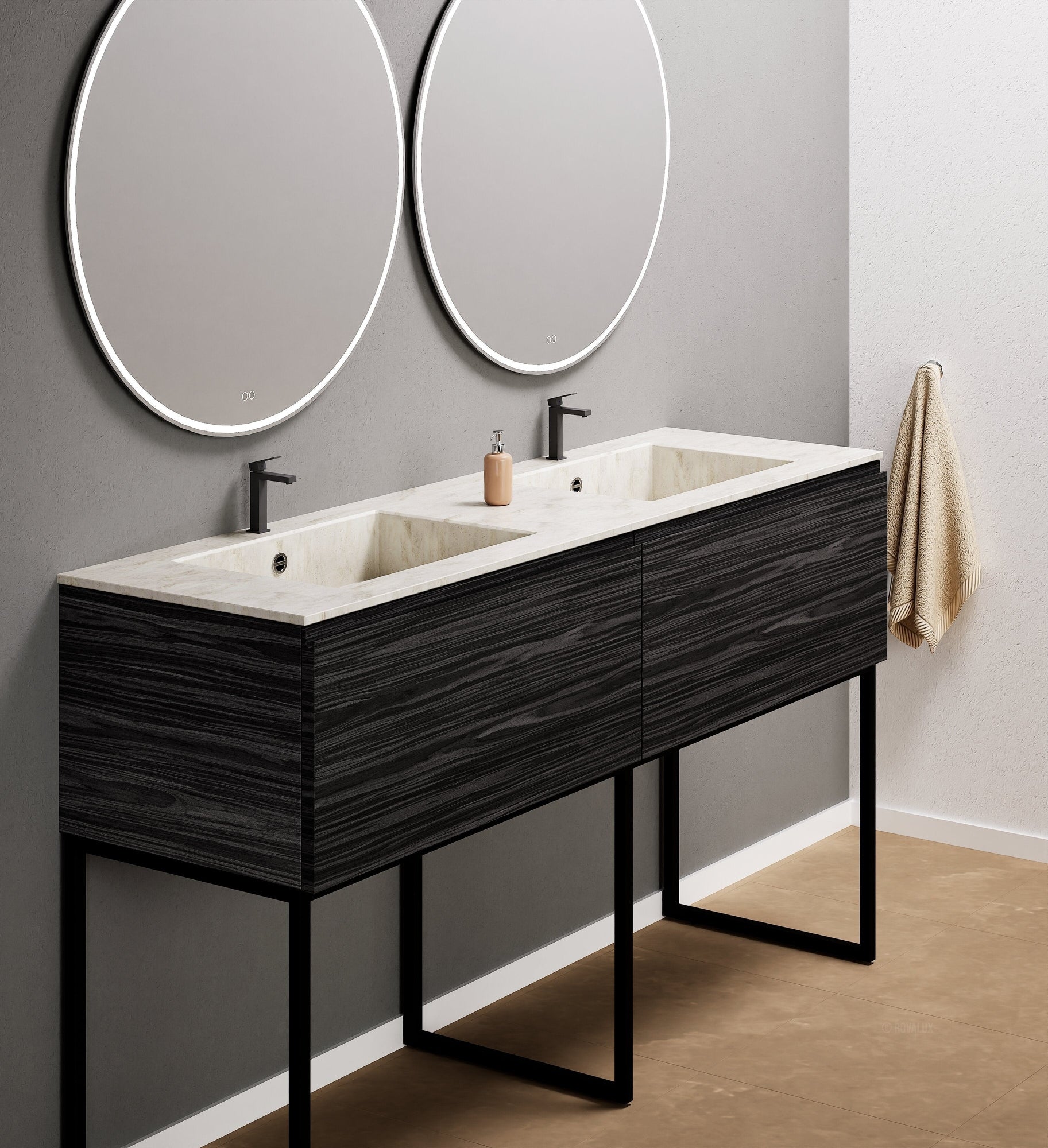 Aurora – Double Corian® Basin Unit with 2 Aligned Drawers and Feet-Standing Vanity - ROVALUX
