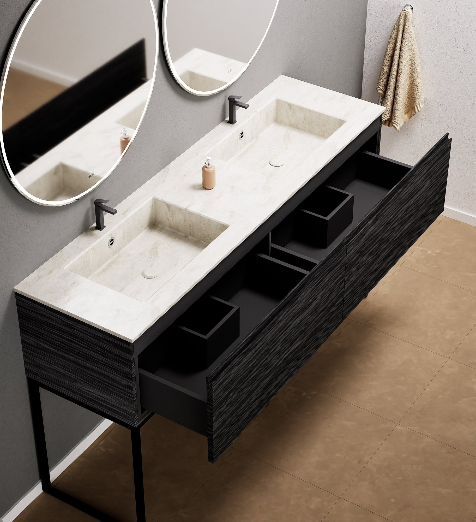 Aurora – Double Corian® Basin Unit with 2 Aligned Drawers and Feet-Standing Vanity - ROVALUX