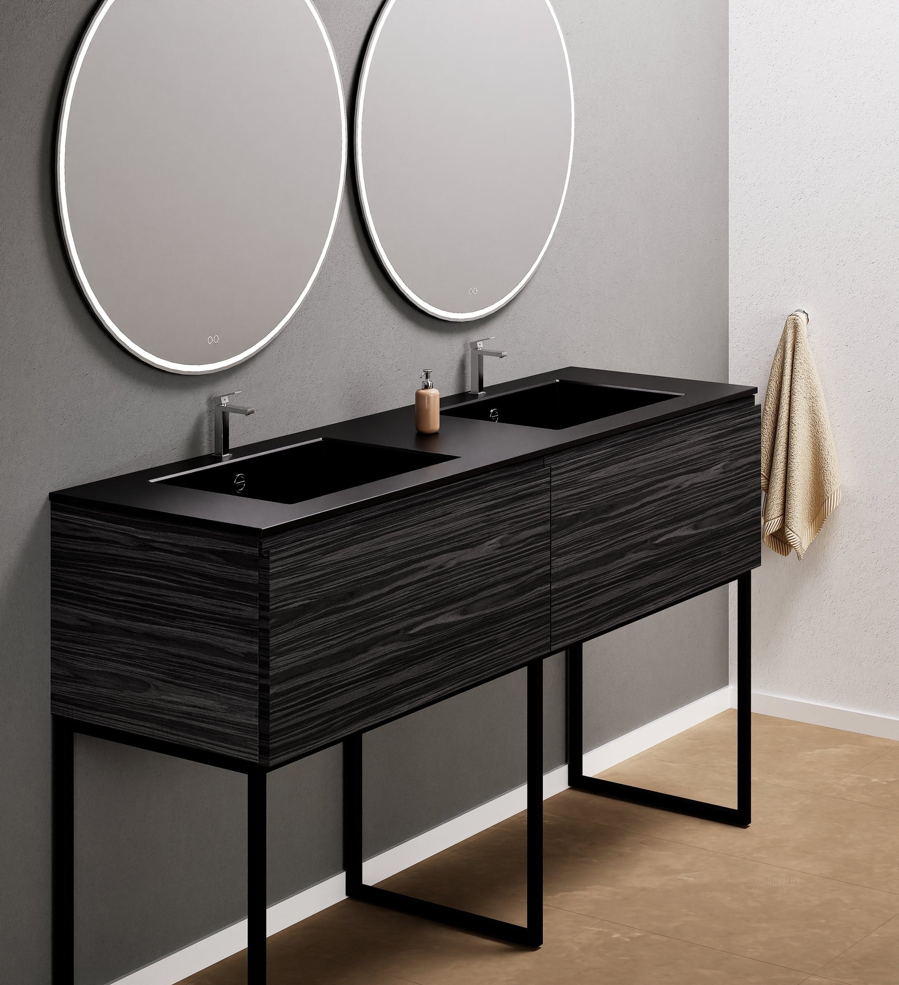Aurora – Double Corian® Basin Unit with 2 Aligned Drawers and Feet-Standing Vanity - ROVALUX