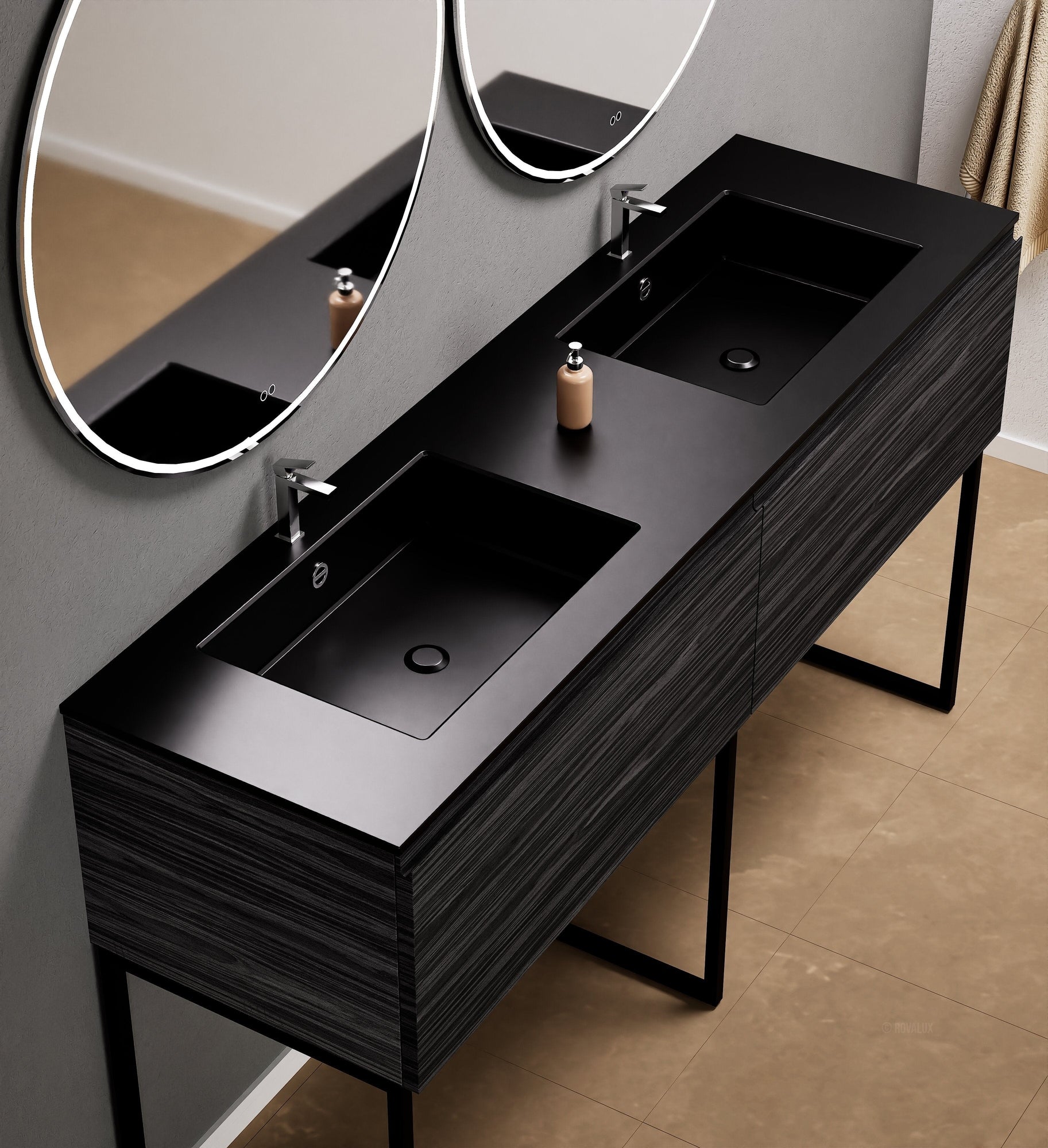 Aurora – Double Corian® Basin Unit with 2 Aligned Drawers and Feet-Standing Vanity - ROVALUX