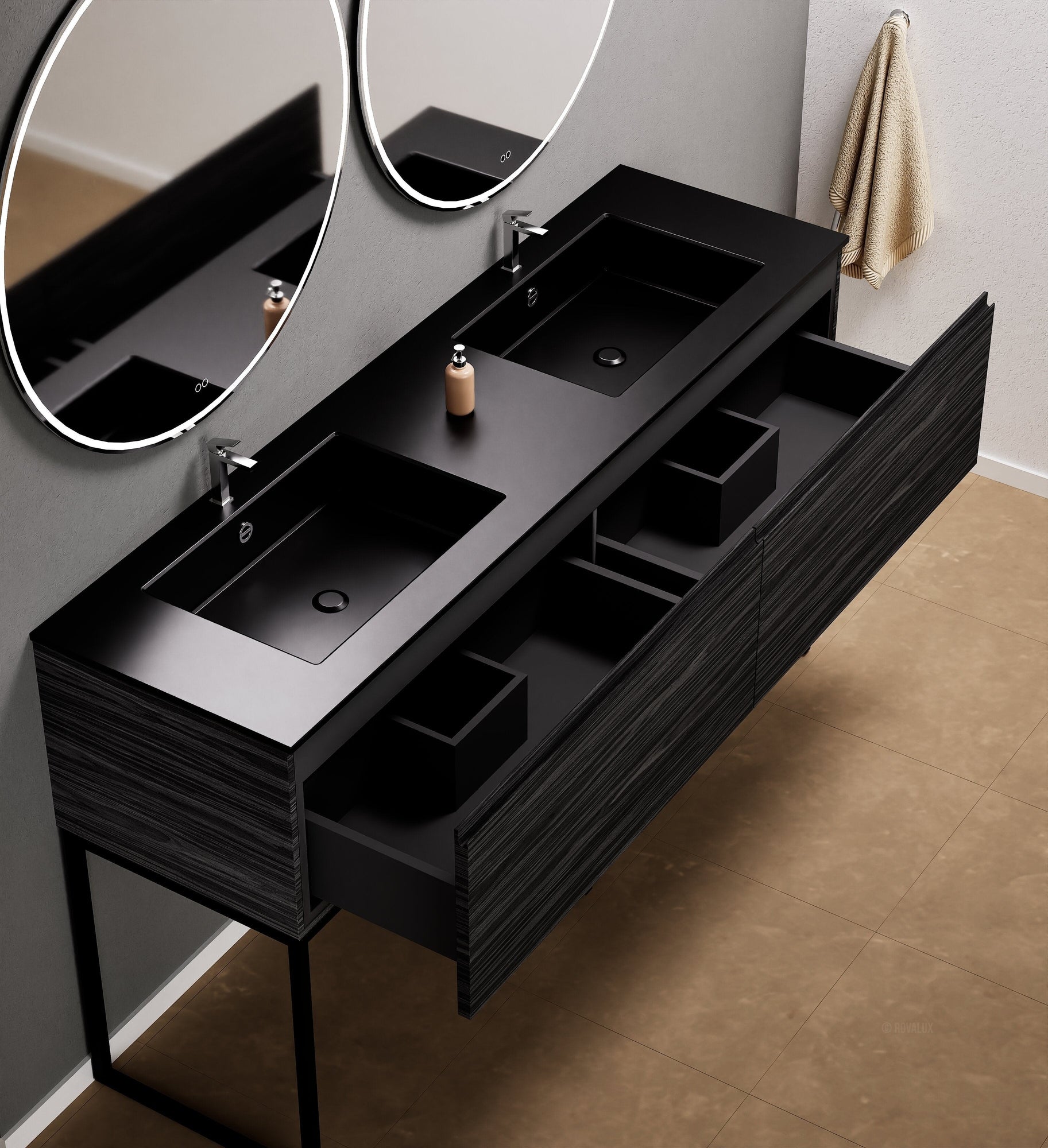 Aurora – Double Corian® Basin Unit with 2 Aligned Drawers and Feet-Standing Vanity - ROVALUX