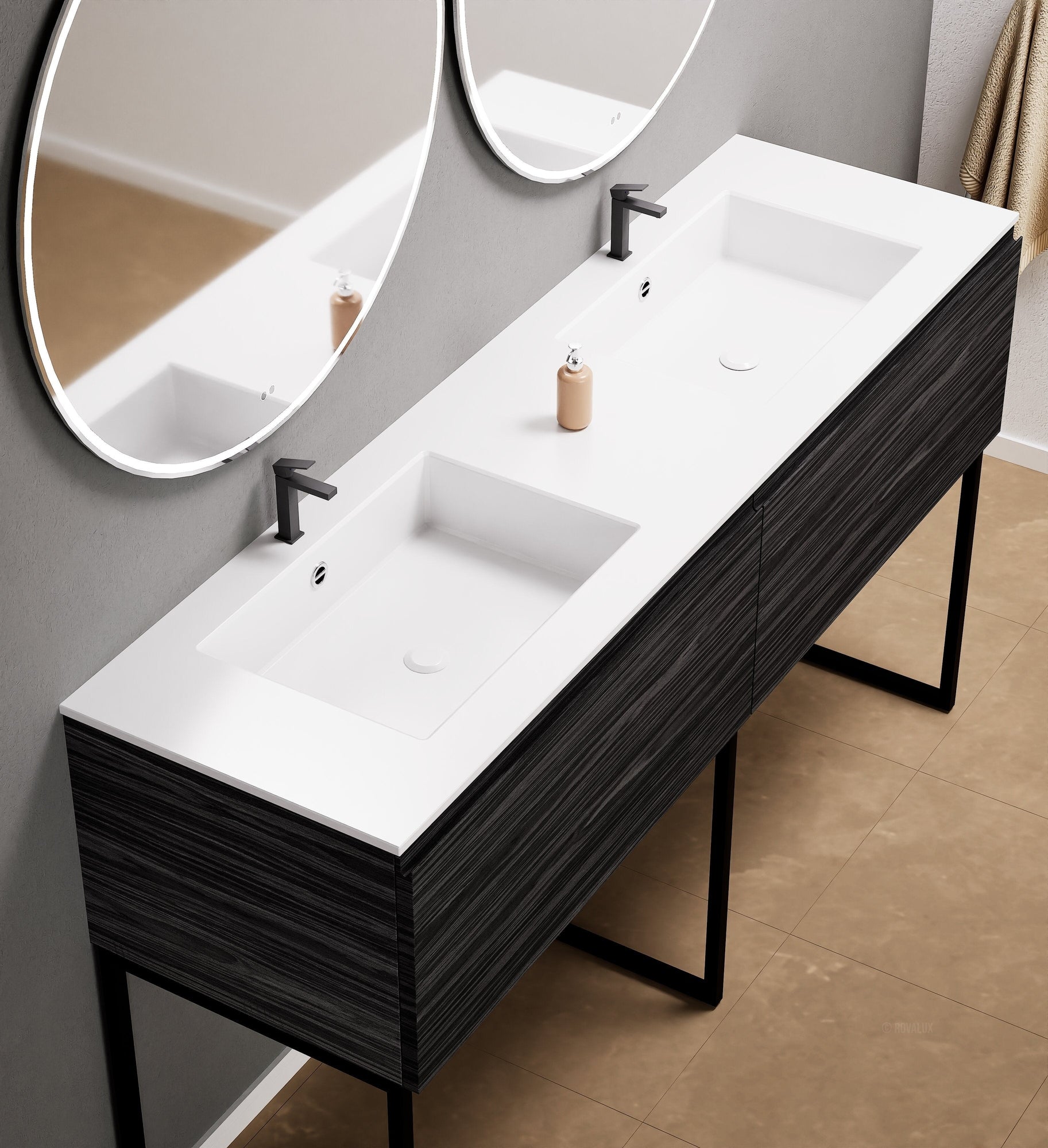 Aurora – Double Corian® Basin Unit with 2 Aligned Drawers and Feet-Standing Vanity - ROVALUX