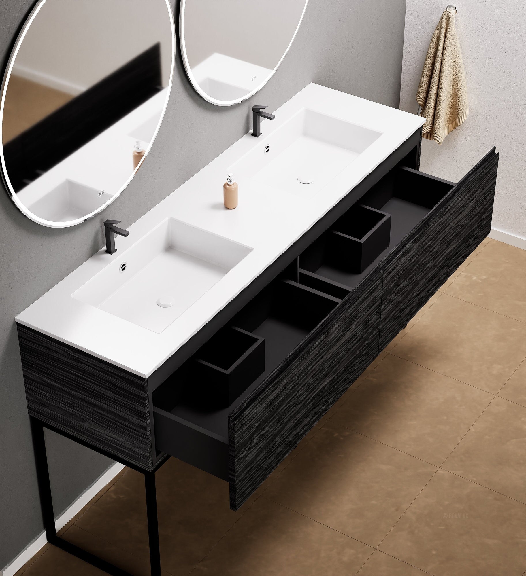 Aurora – Double Corian® Basin Unit with 2 Aligned Drawers and Feet-Standing Vanity - ROVALUX