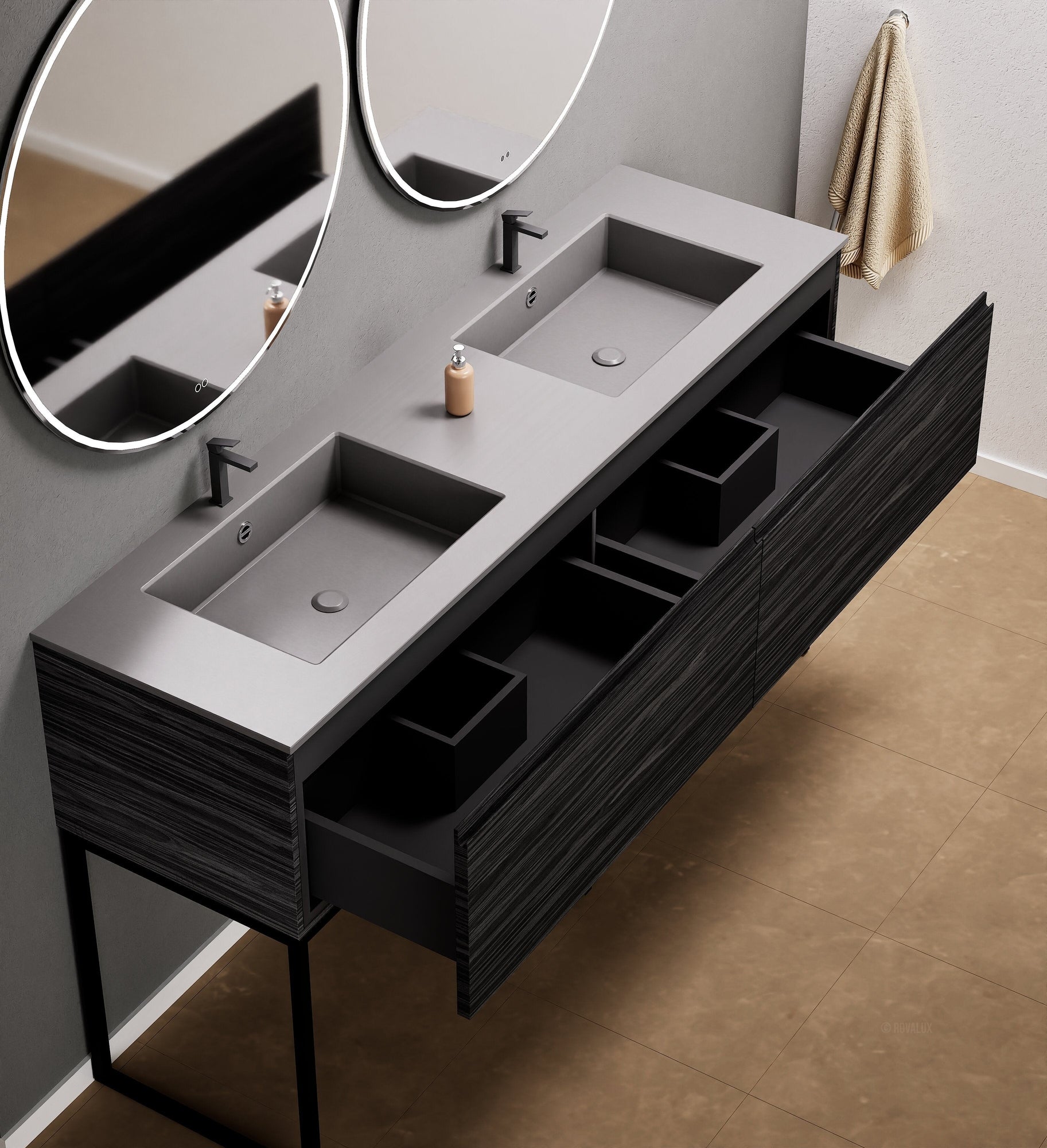 Aurora – Double Corian® Basin Unit with 2 Aligned Drawers and Feet-Standing Vanity - ROVALUX