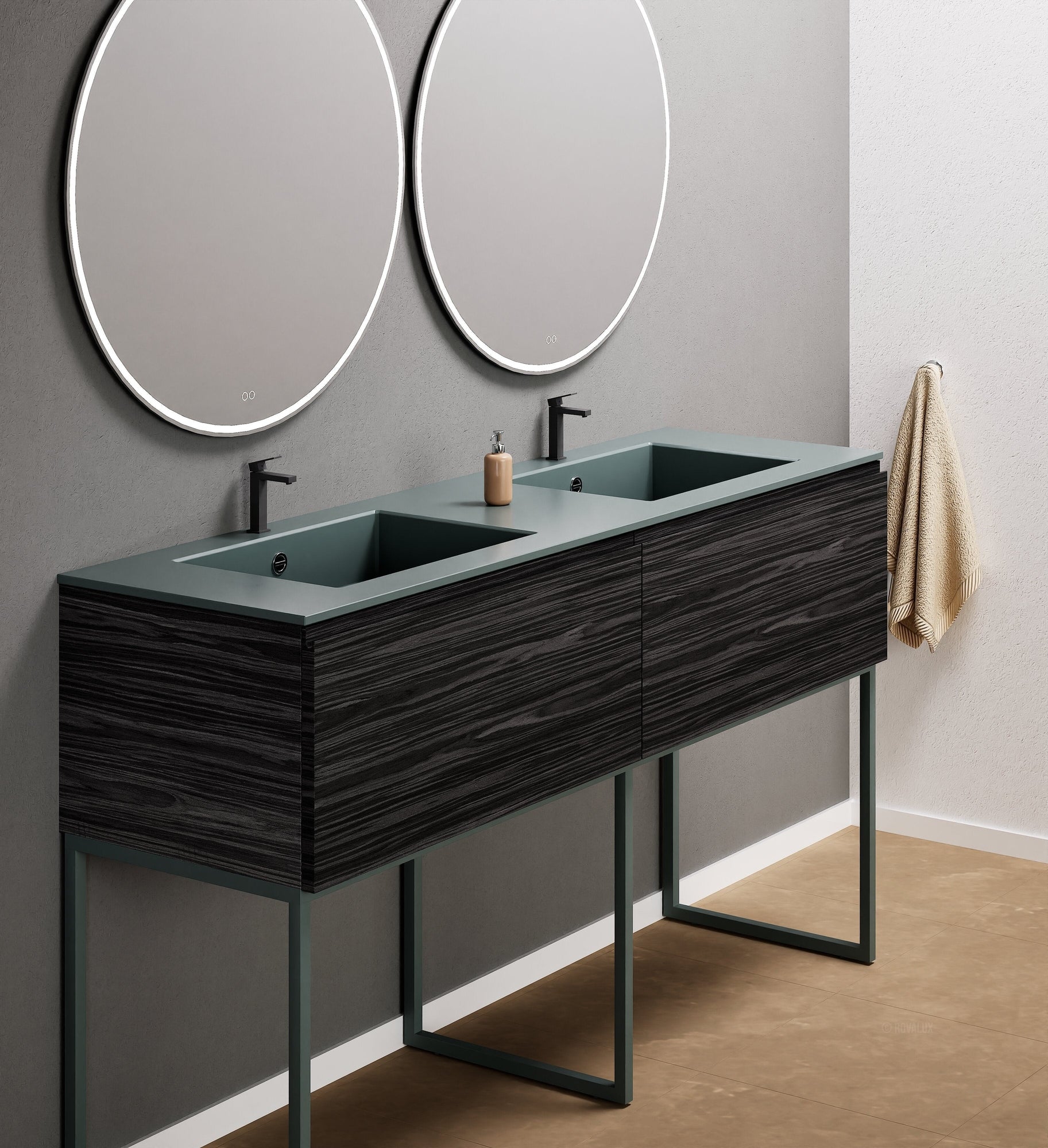 Aurora – Double Corian® Basin Unit with 2 Aligned Drawers and Feet-Standing Vanity - ROVALUX