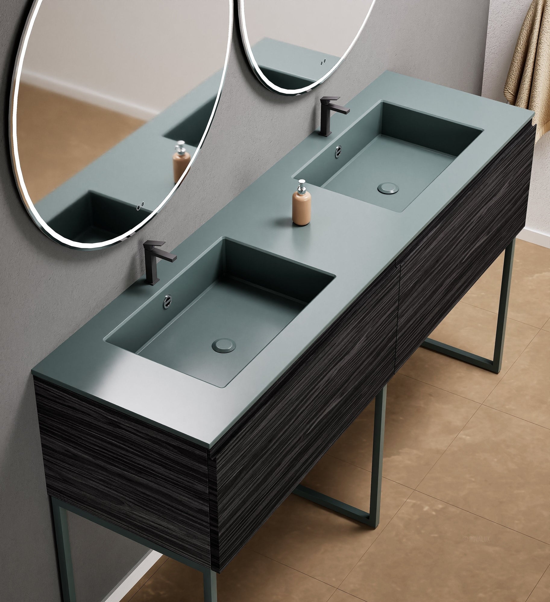 Aurora – Double Corian® Basin Unit with 2 Aligned Drawers and Feet-Standing Vanity - ROVALUX
