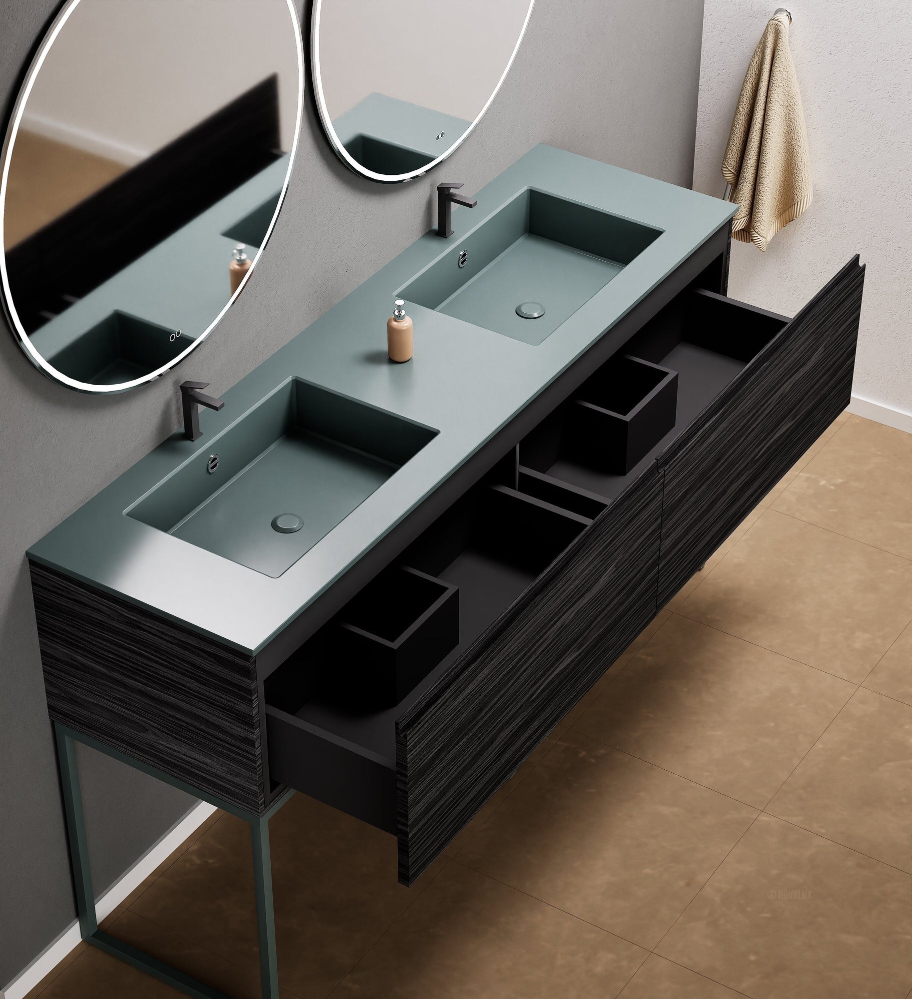 Aurora – Double Corian® Basin Unit with 2 Aligned Drawers and Feet-Standing Vanity - ROVALUX