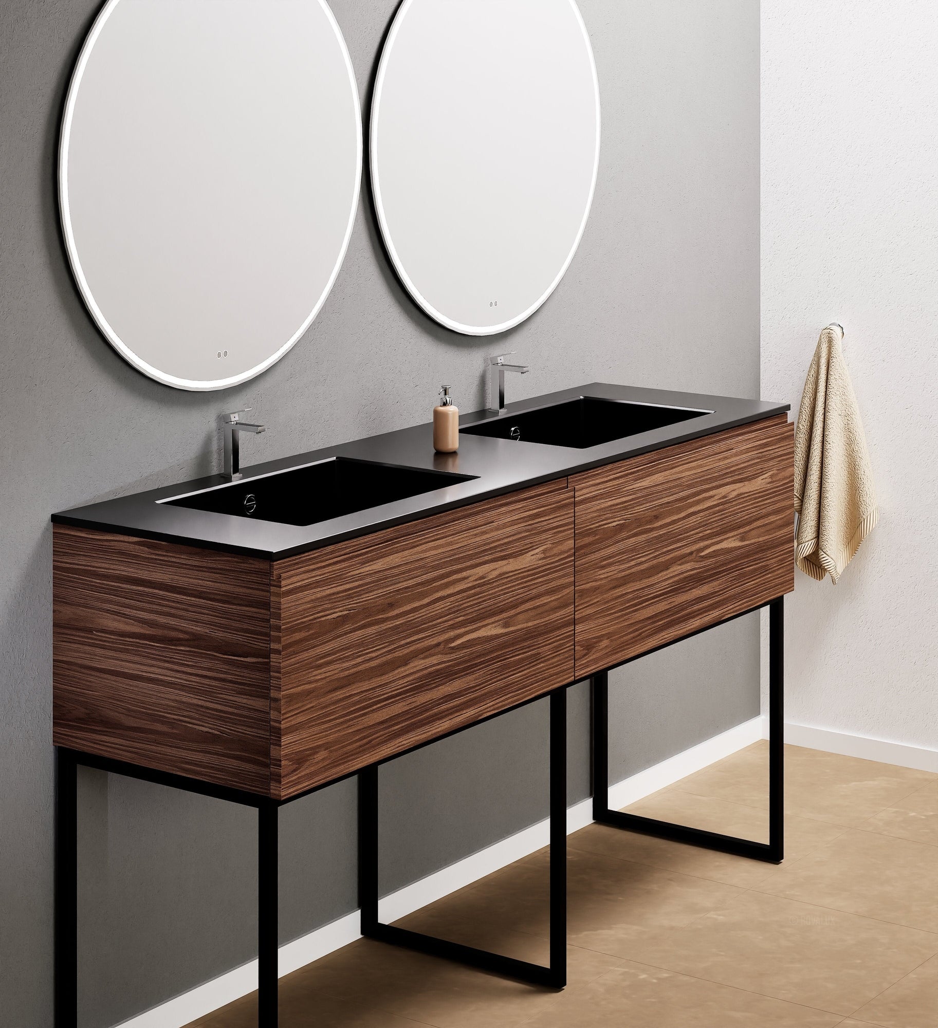 Aurora – Double Corian® Basin Unit with 2 Aligned Drawers and Feet-Standing Vanity - ROVALUX