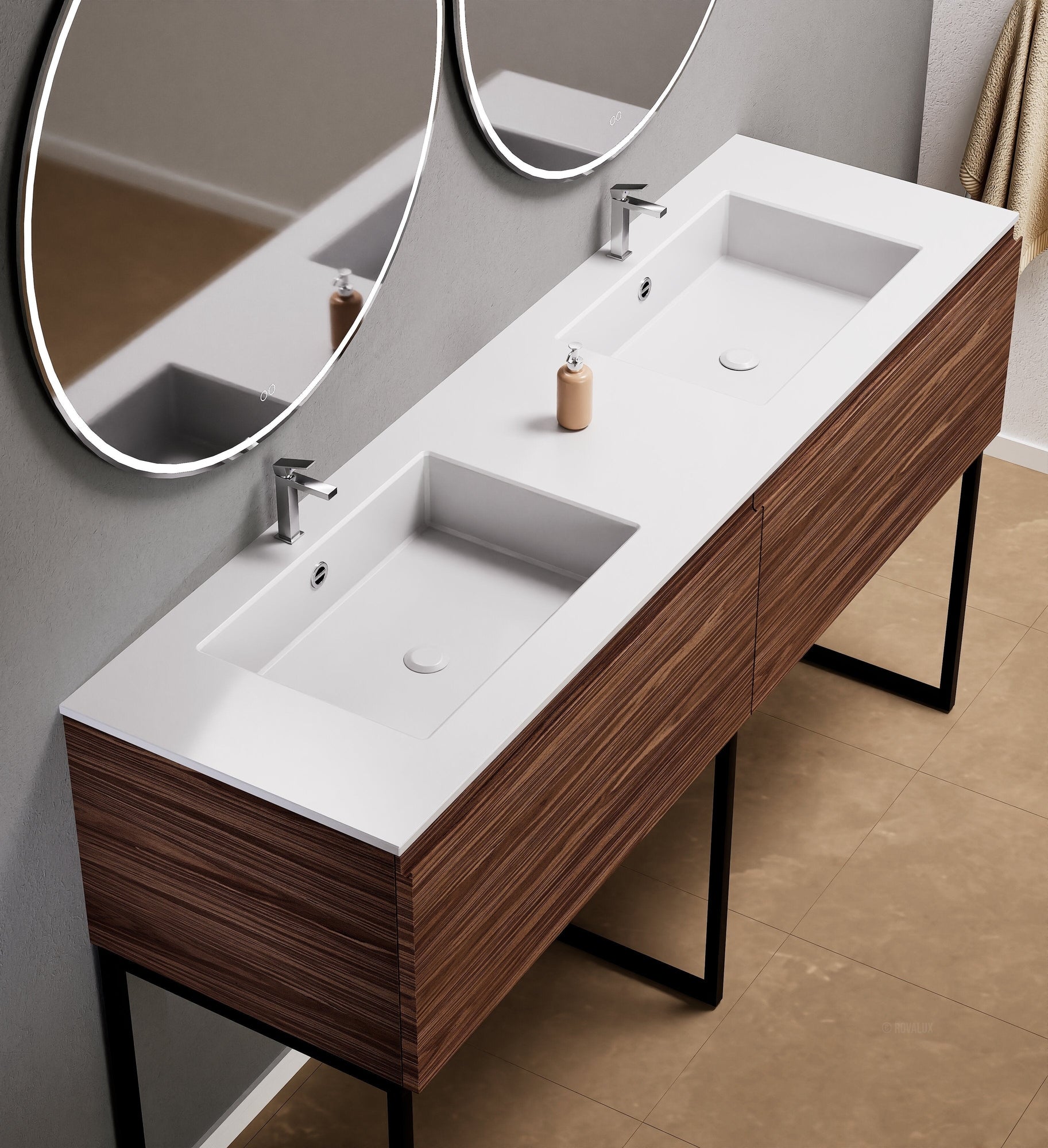 Aurora – Double Corian® Basin Unit with 2 Aligned Drawers and Feet-Standing Vanity - ROVALUX