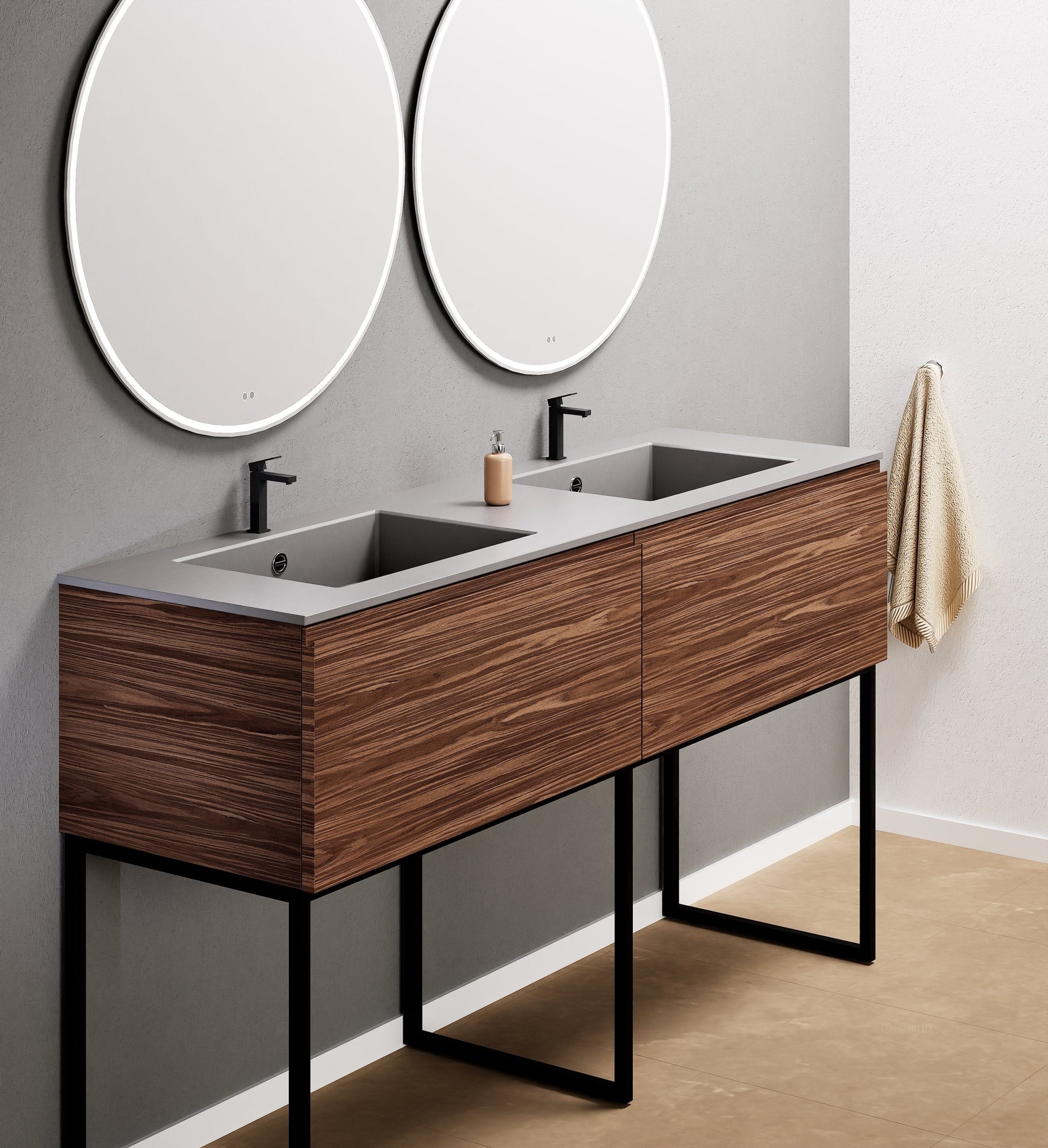 Aurora – Double Corian® Basin Unit with 2 Aligned Drawers and Feet-Standing Vanity - ROVALUX