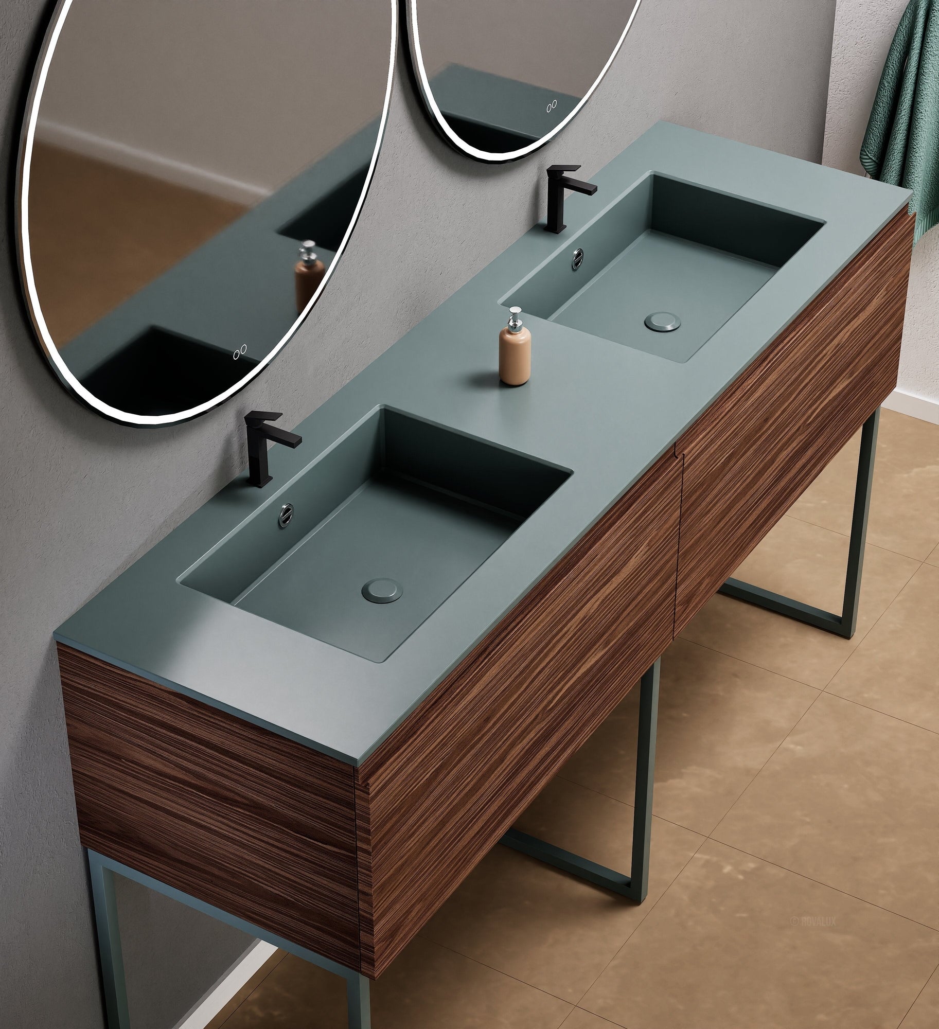 Aurora – Double Corian® Basin Unit with 2 Aligned Drawers and Feet-Standing Vanity - ROVALUX