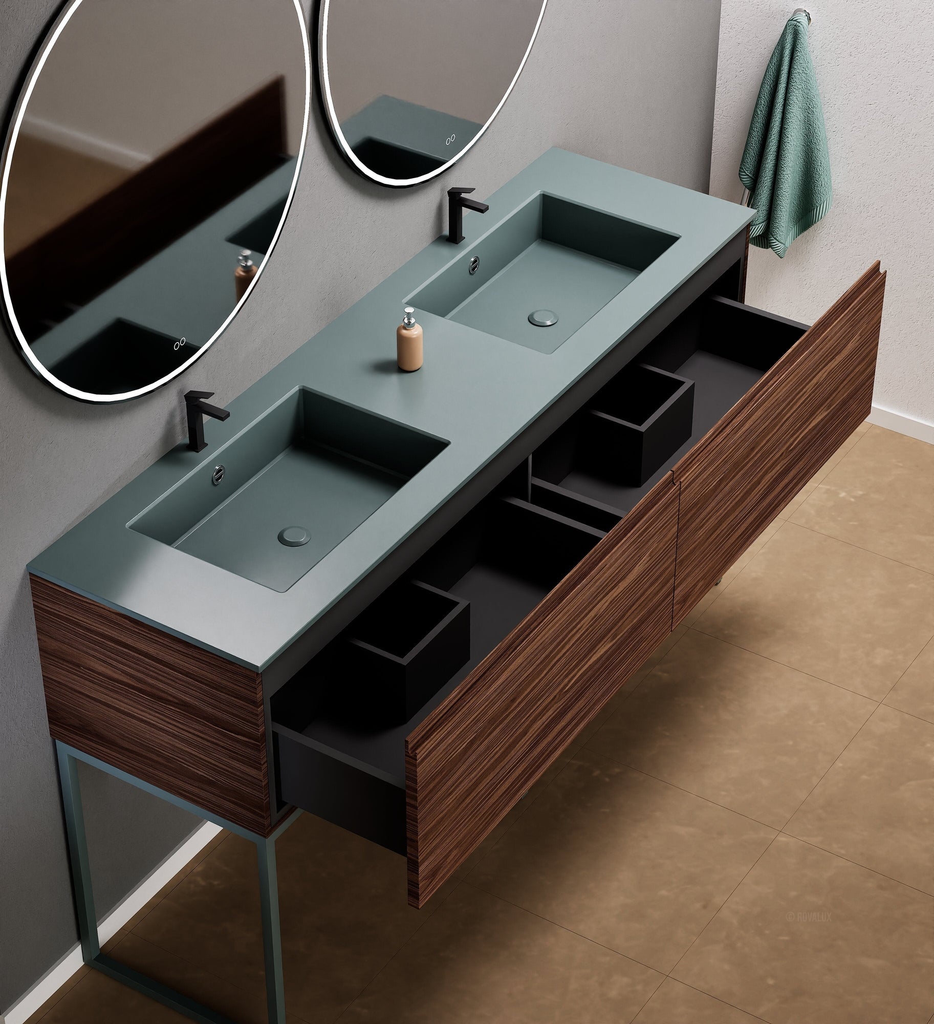 Aurora – Double Corian® Basin Unit with 2 Aligned Drawers and Feet-Standing Vanity - ROVALUX