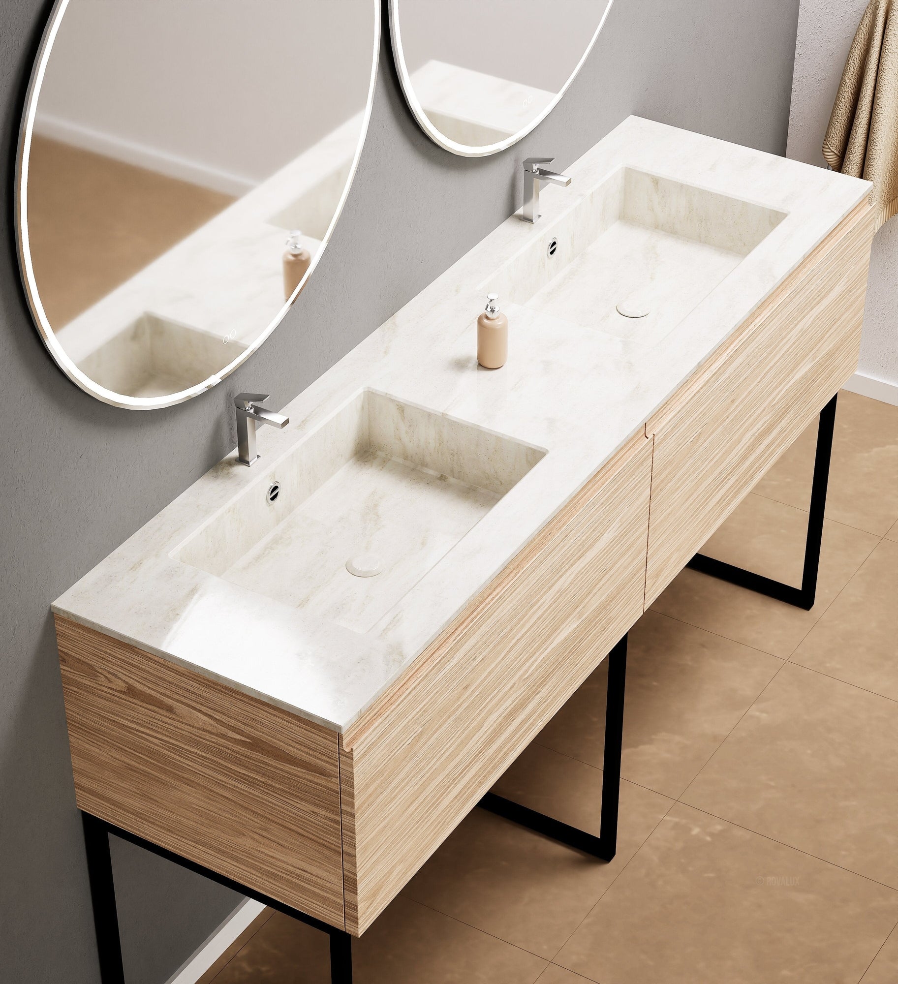 Aurora – Double Corian® Basin Unit with 2 Aligned Drawers and Feet-Standing Vanity - ROVALUX