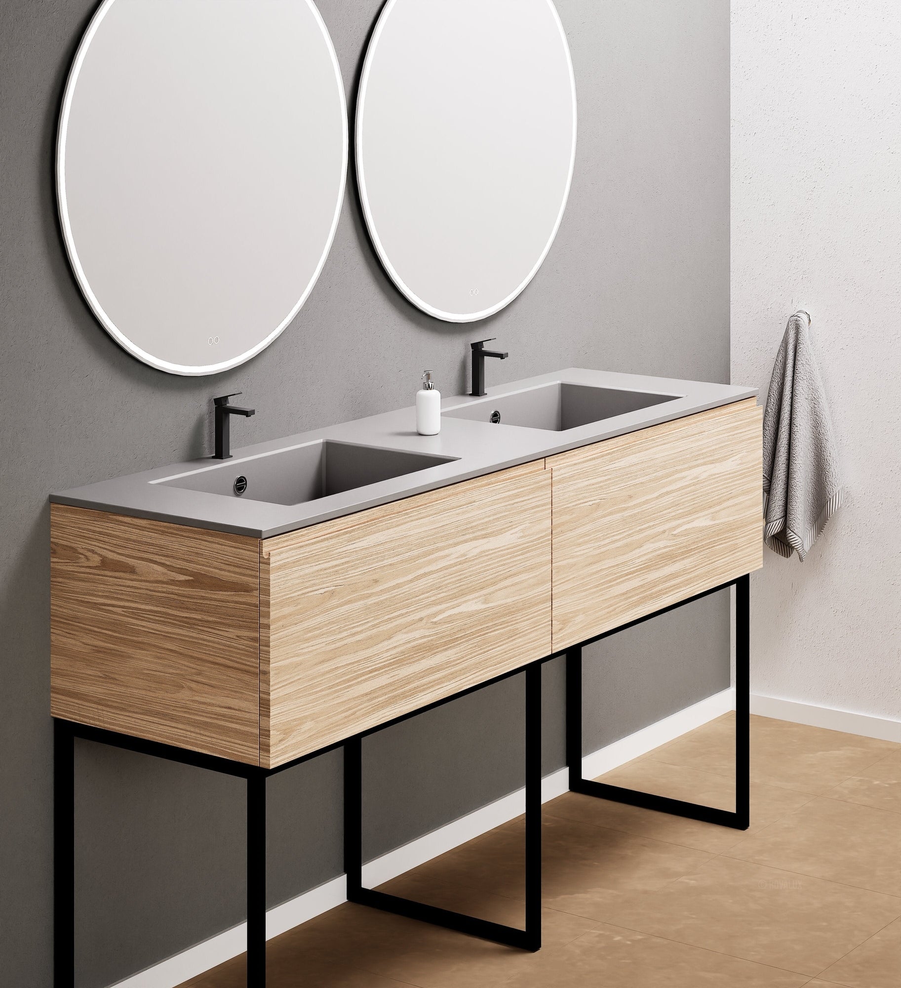 Aurora – Double Corian® Basin Unit with 2 Aligned Drawers and Feet-Standing Vanity - ROVALUX