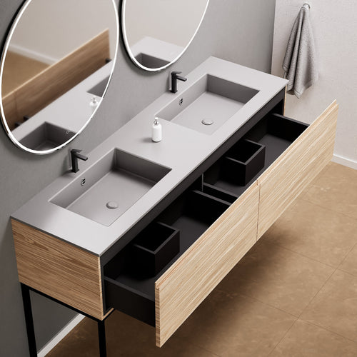 Aurora – Double Corian® Basin Unit with 2 Aligned Drawers and Feet-Standing Vanity - ROVALUX