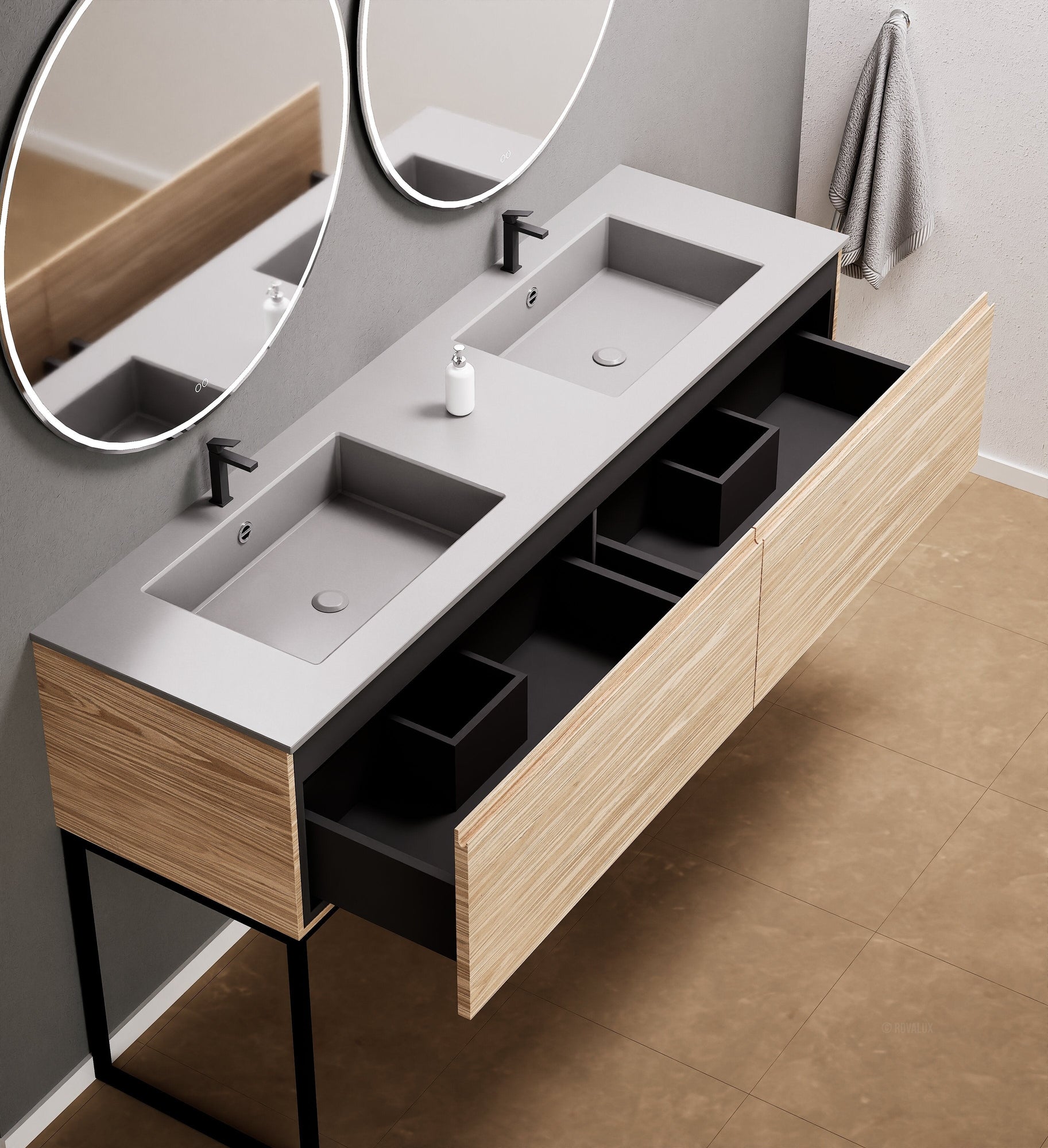 Aurora – Double Corian® Basin Unit with 2 Aligned Drawers and Feet-Standing Vanity - ROVALUX