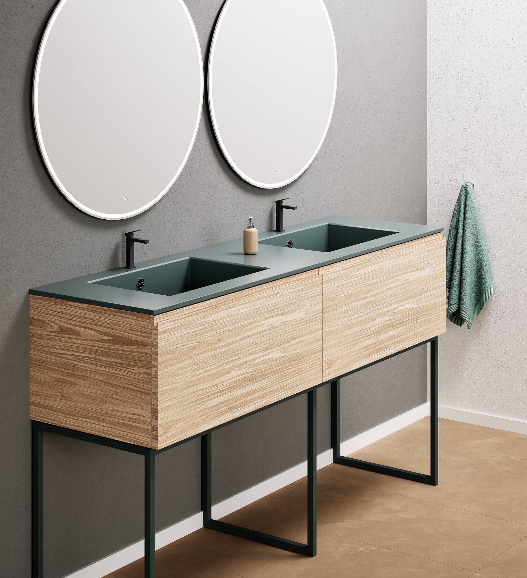 Aurora – Double Corian® Basin Unit with 2 Aligned Drawers and Feet-Standing Vanity - ROVALUX