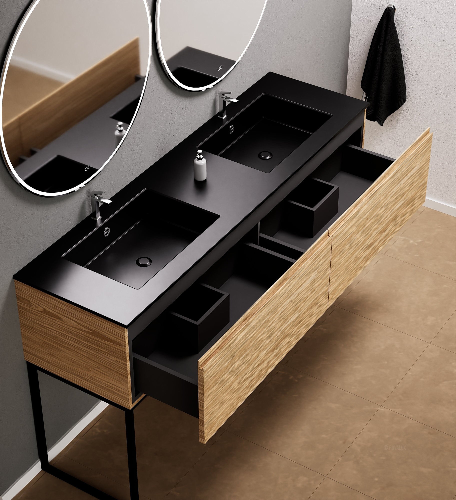 Aurora – Double Corian® Basin Unit with 2 Aligned Drawers and Feet-Standing Vanity - ROVALUX