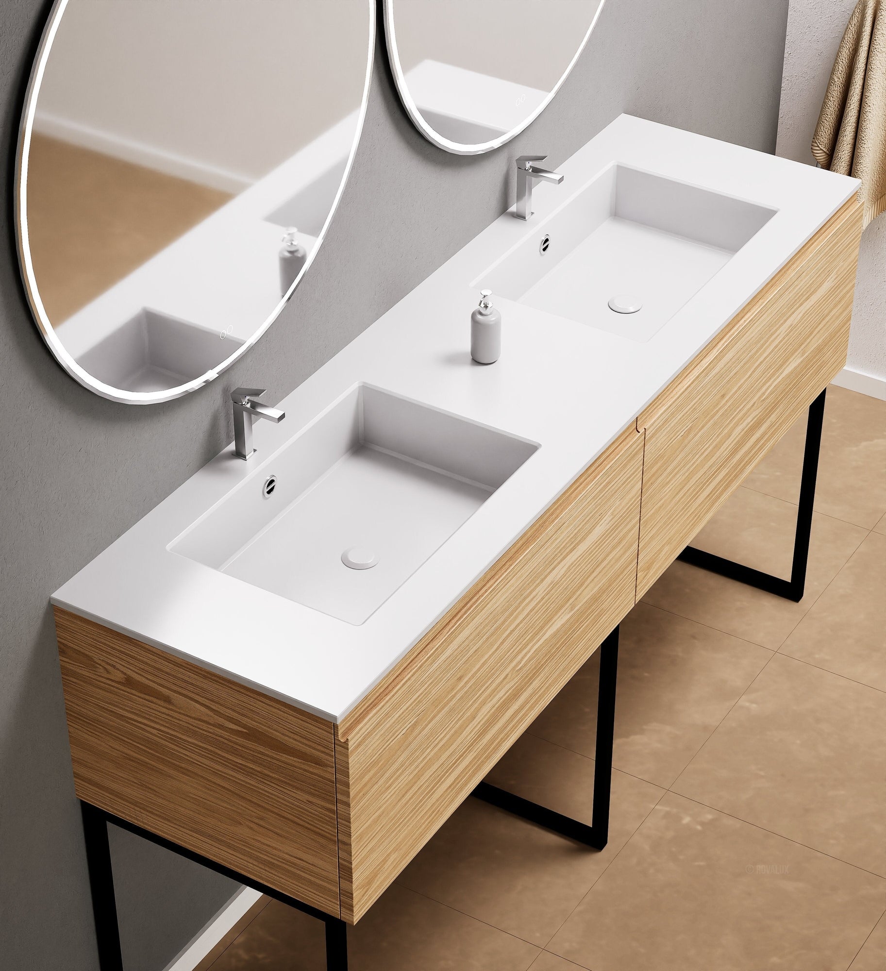 Aurora – Double Corian® Basin Unit with 2 Aligned Drawers and Feet-Standing Vanity - ROVALUX