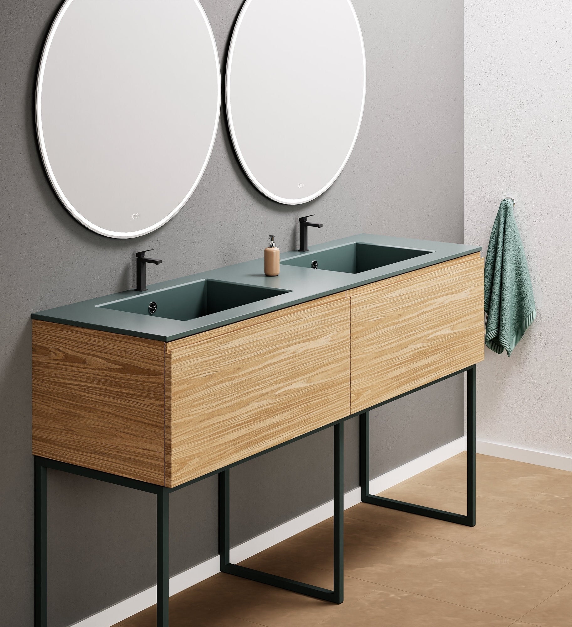 Aurora – Double Corian® Basin Unit with 2 Aligned Drawers and Feet-Standing Vanity - ROVALUX
