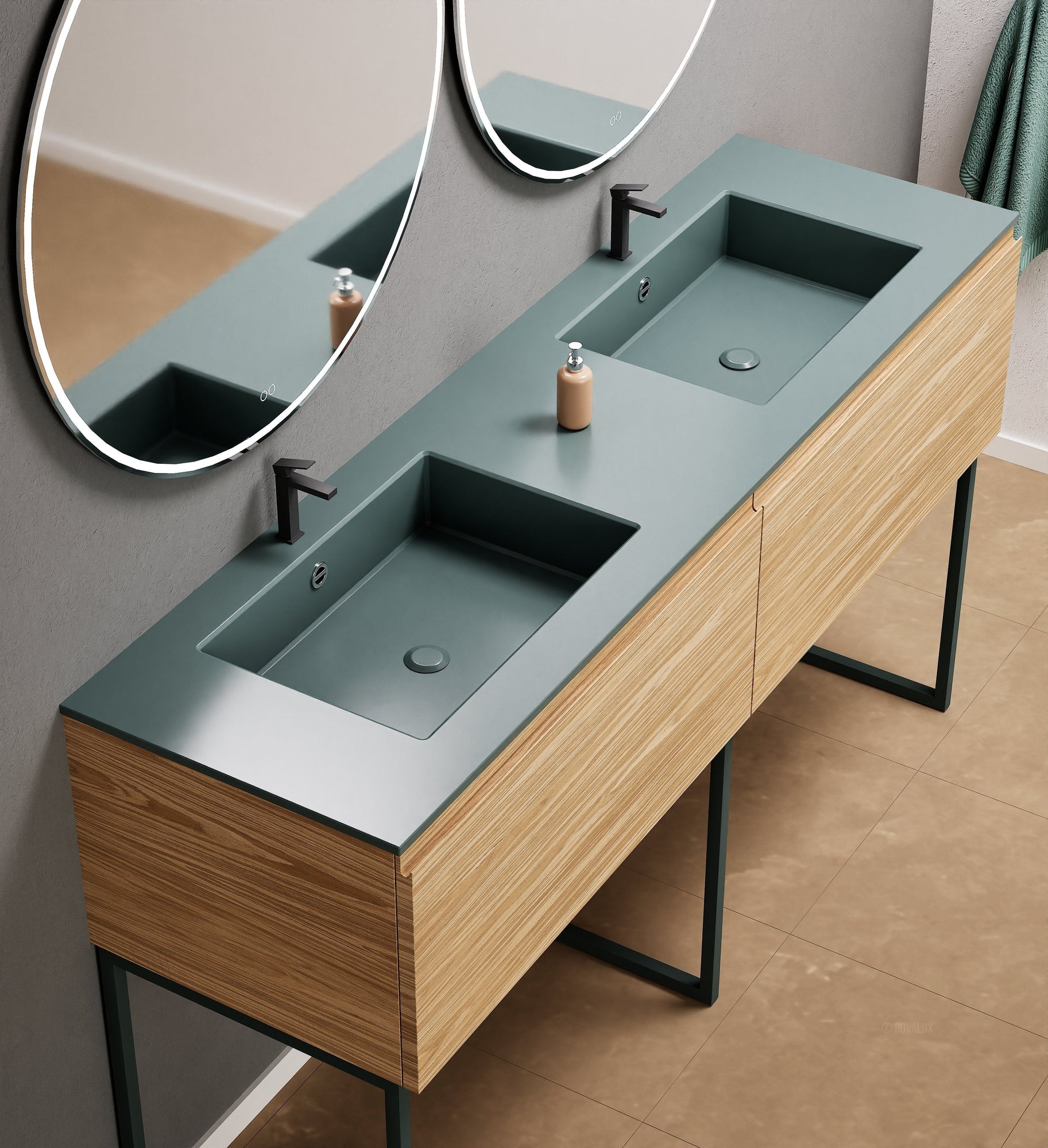 Aurora – Double Corian® Basin Unit with 2 Aligned Drawers and Feet-Standing Vanity - ROVALUX