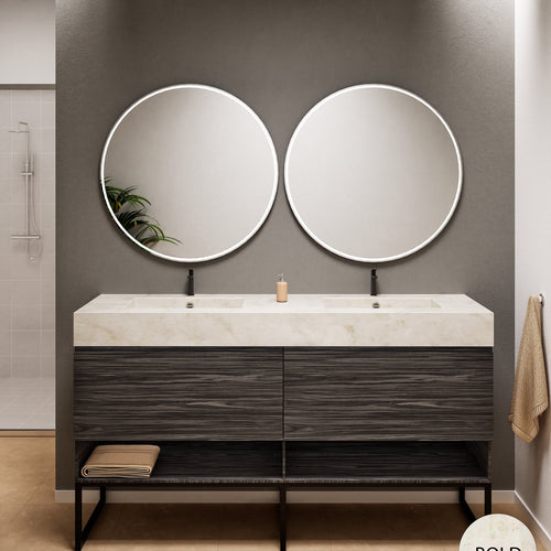 Aurora Double Set With Supporting Legs – Corian Sinks & Countertop with 2 Drawers Vanity & Bottom Shelves - ROVALUX