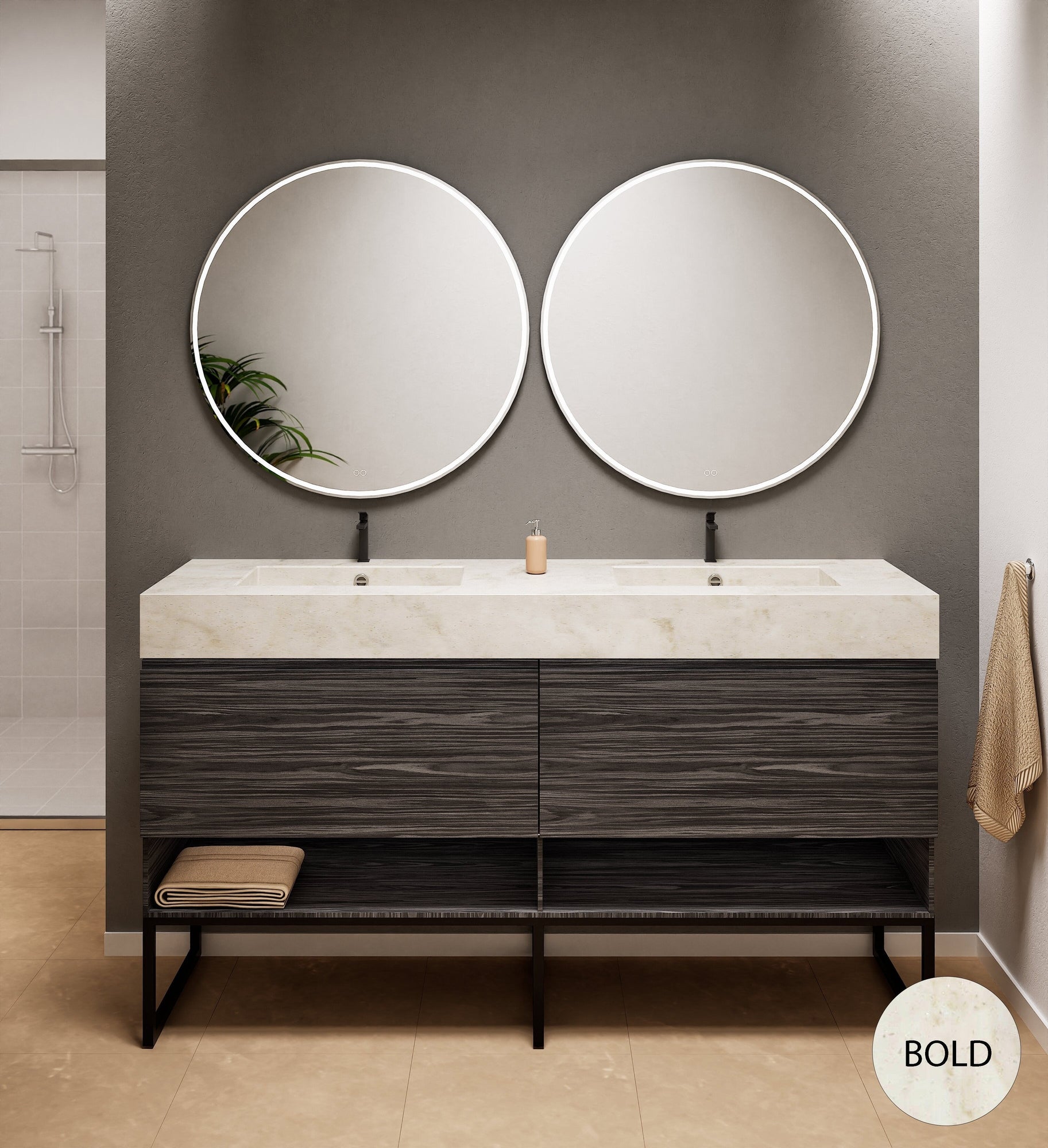 Aurora Double Set With Supporting Legs – Corian Sinks & Countertop with 2 Drawers Vanity & Bottom Shelves - ROVALUX