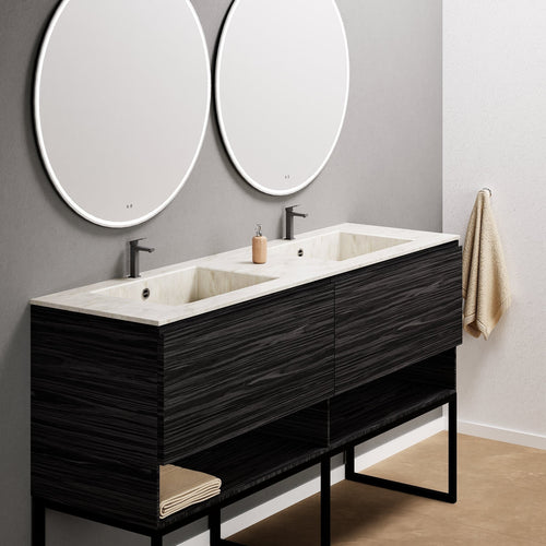 Aurora Double Set With Supporting Legs – Corian Sinks & Countertop with 2 Drawers Vanity & Bottom Shelves - ROVALUX