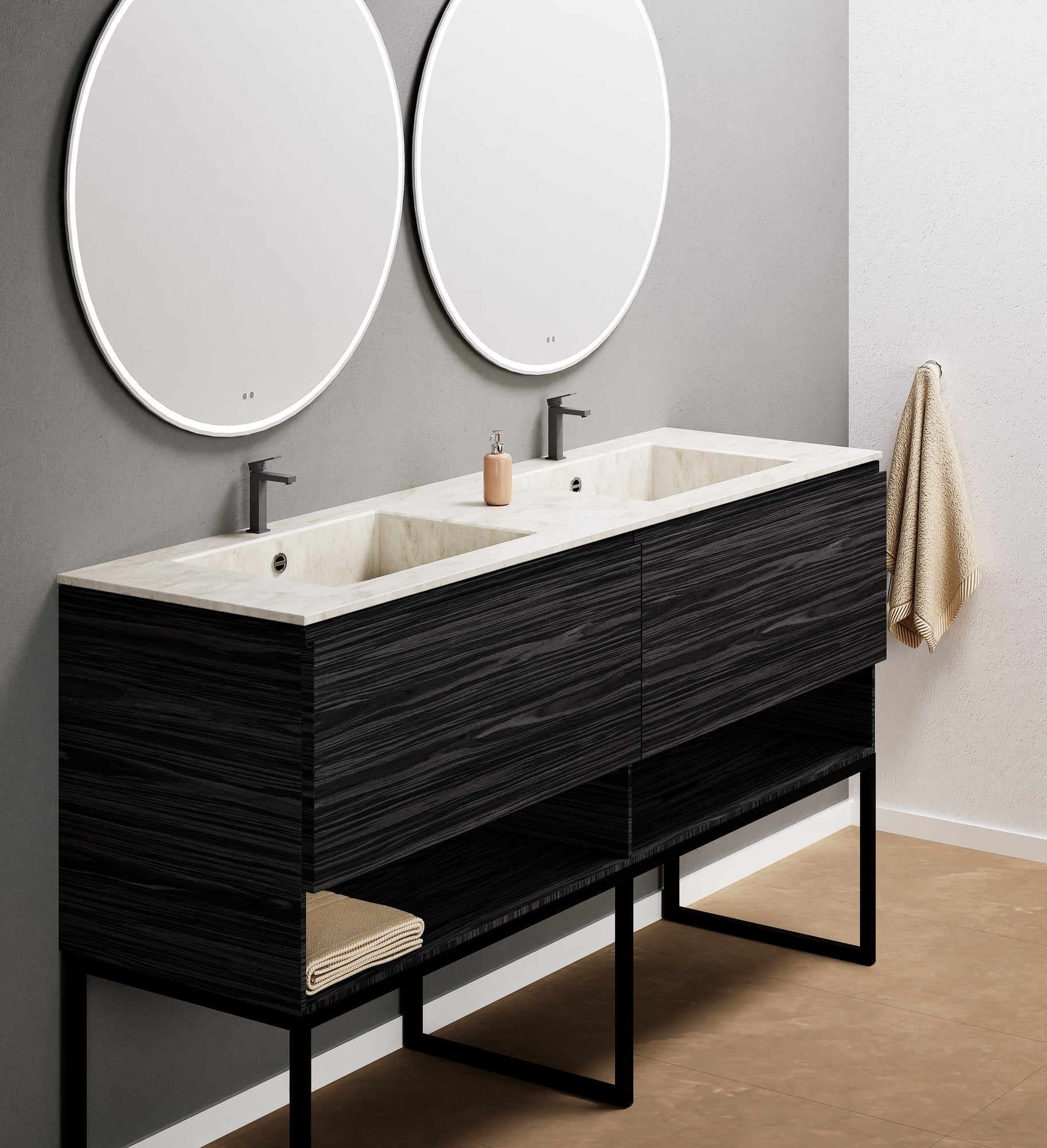Aurora Double Set With Supporting Legs – Corian Sinks & Countertop with 2 Drawers Vanity & Bottom Shelves - ROVALUX