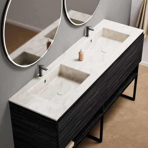 Aurora Double Set With Supporting Legs – Corian Sinks & Countertop with 2 Drawers Vanity & Bottom Shelves - ROVALUX