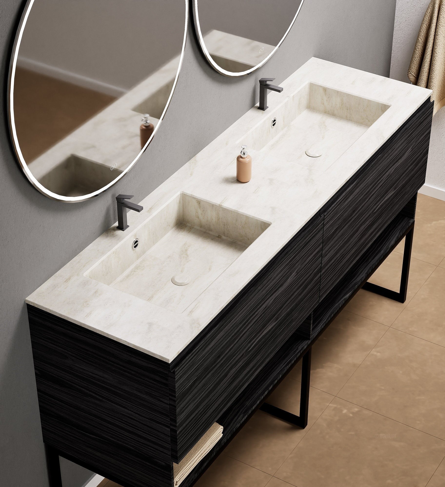 Aurora Double Set With Supporting Legs – Corian Sinks & Countertop with 2 Drawers Vanity & Bottom Shelves - ROVALUX