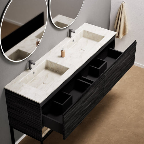 Aurora Double Set With Supporting Legs – Corian Sinks & Countertop with 2 Drawers Vanity & Bottom Shelves - ROVALUX