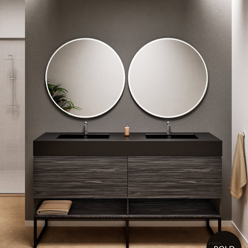 Aurora Double Set With Supporting Legs – Corian Sinks & Countertop with 2 Drawers Vanity & Bottom Shelves - ROVALUX