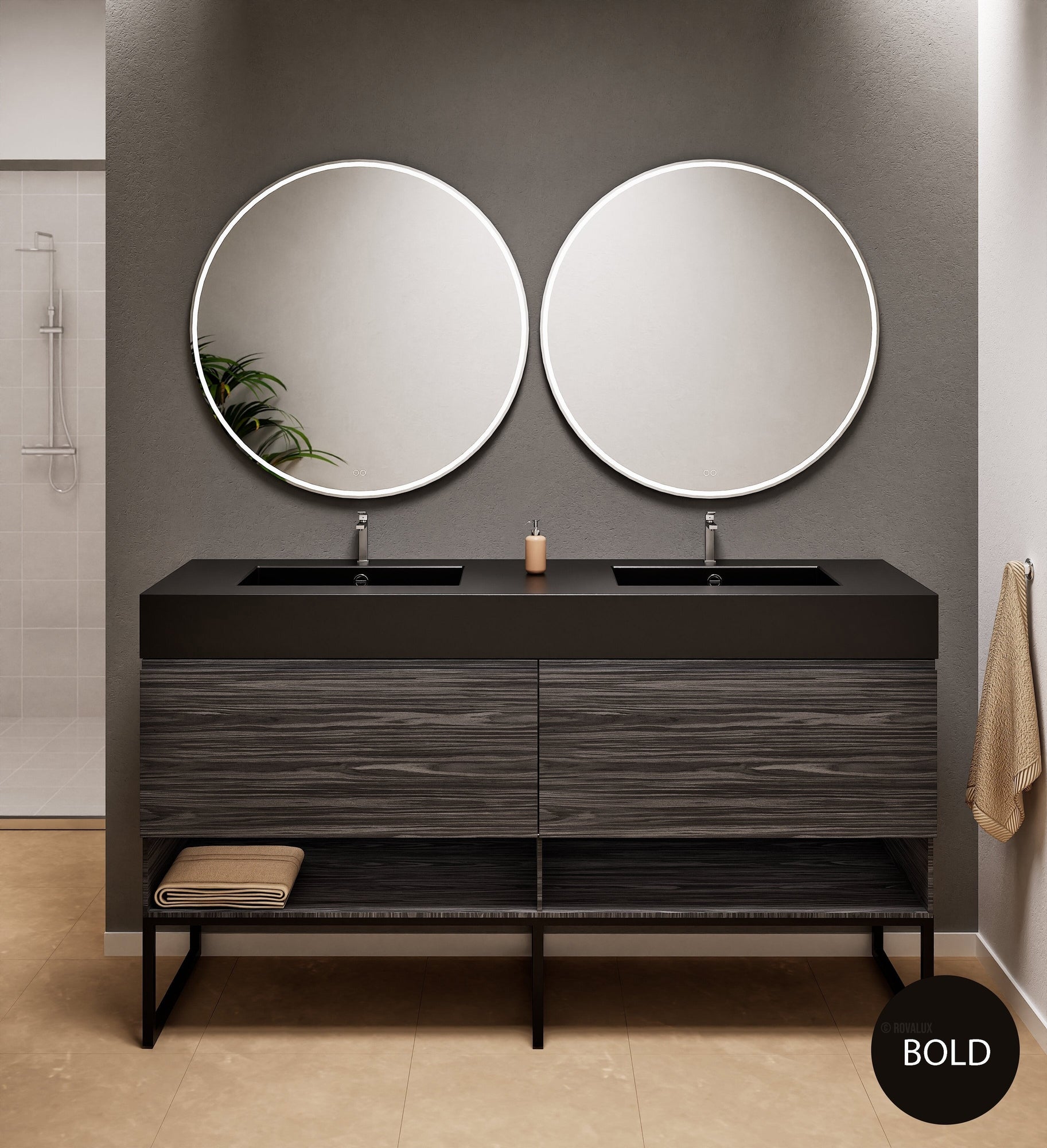 Aurora Double Set With Supporting Legs – Corian Sinks & Countertop with 2 Drawers Vanity & Bottom Shelves - ROVALUX