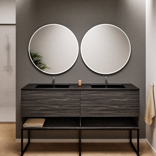 Aurora Double Set With Supporting Legs – Corian Sinks & Countertop with 2 Drawers Vanity & Bottom Shelves - ROVALUX