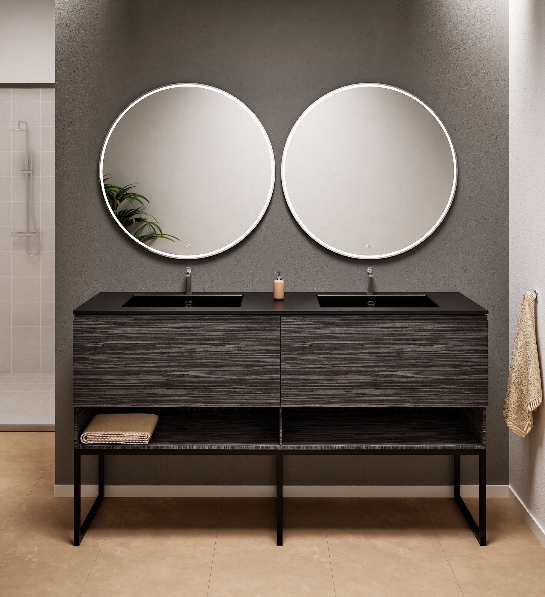 Aurora Double Set With Supporting Legs – Corian Sinks & Countertop with 2 Drawers Vanity & Bottom Shelves - ROVALUX