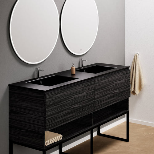 Aurora Double Set With Supporting Legs – Corian Sinks & Countertop with 2 Drawers Vanity & Bottom Shelves - ROVALUX