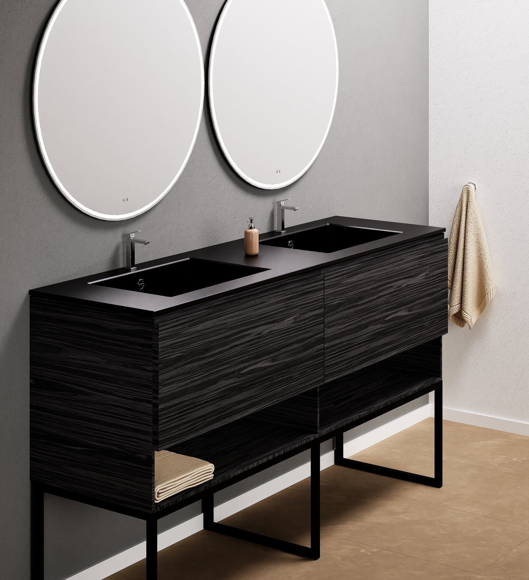 Aurora Double Set With Supporting Legs – Corian Sinks & Countertop with 2 Drawers Vanity & Bottom Shelves - ROVALUX